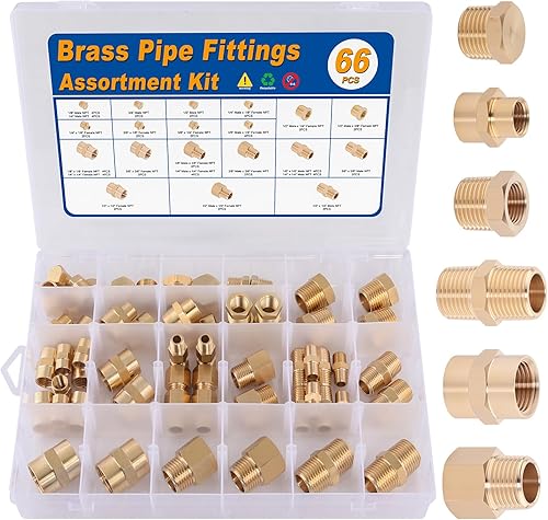 KOOTANS Kit surtido de accesorios de tubería de latón de 66 piezas, adaptador NPT, buje reductor, pezón hexagonal, acoplamiento hexagonal reductor,