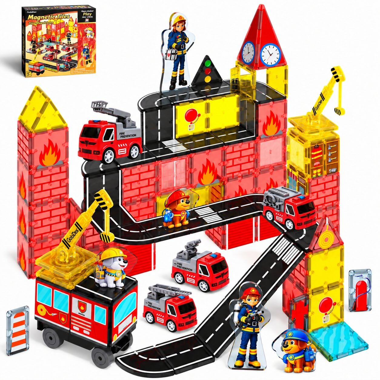 Magnetic Tile Fire Truck Set, 58 ct