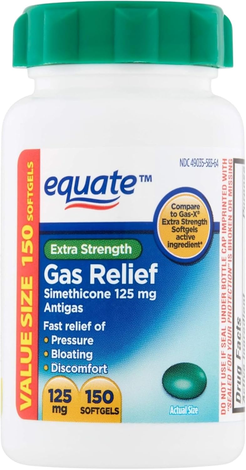 Extra Strength Gas Relief 125mg – 150 Softgels, Simethicone Gas Relief for Adults, Antigas Pills for Pressure, Bloating and Discomfort, Easy to Swallow (Pack of 2)