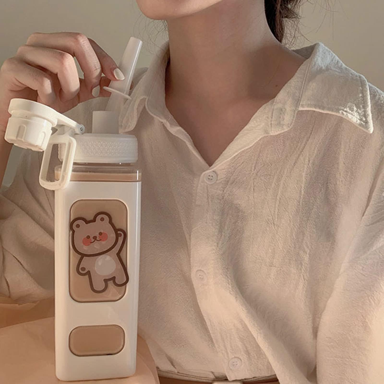 Kawaii Bear Water Bottle,700ml Square Drinking Bottle With Straw,Large Kawaii Water Bottle for Girl Cute Juice Tea Water Cups