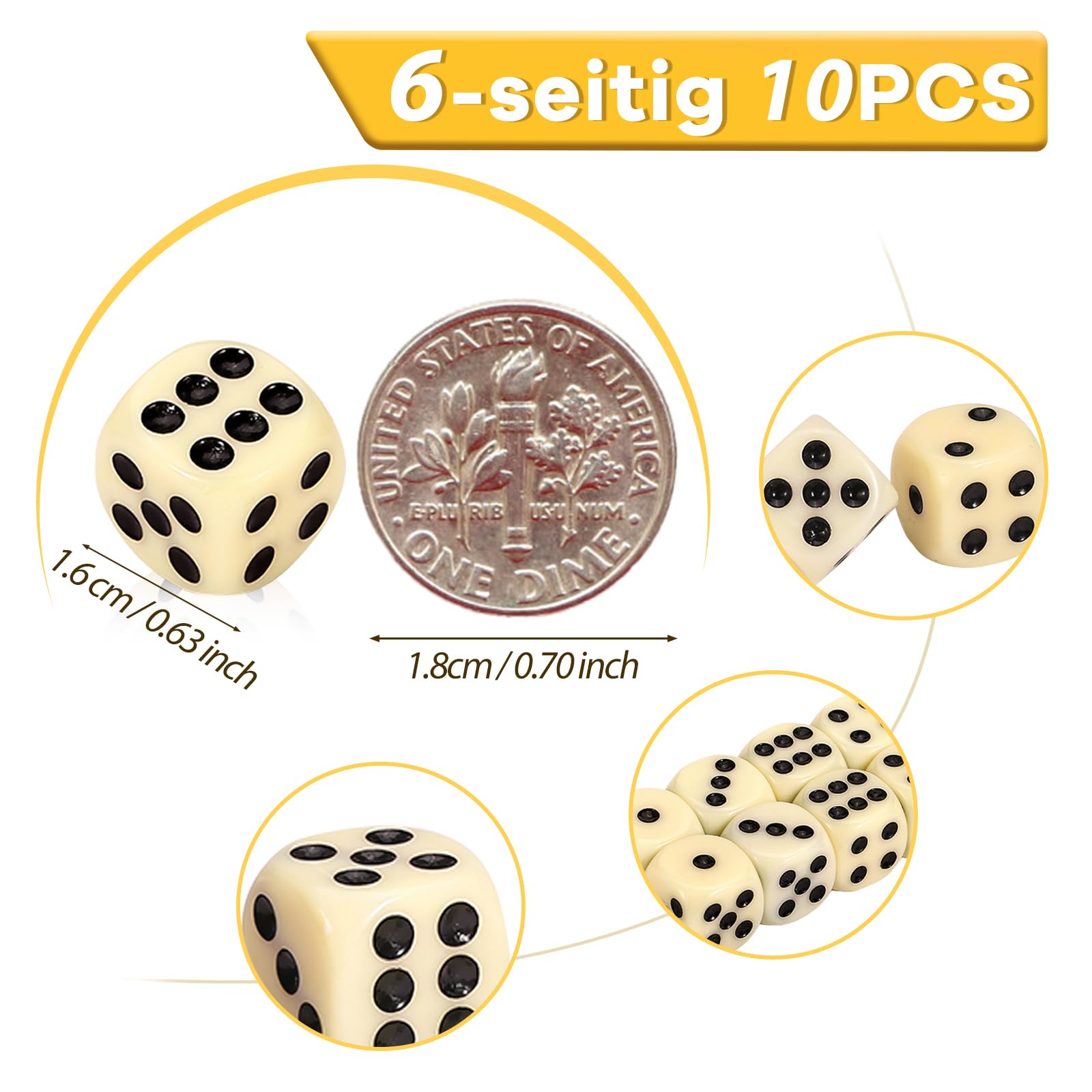 GWHOLE Zestaw 10 sztuk kości słoniowej 6-stronne, 16 mm, kostki do gry, akrylowe kostki do zabawy, akcesoria do gry, król kości do gier stołowych