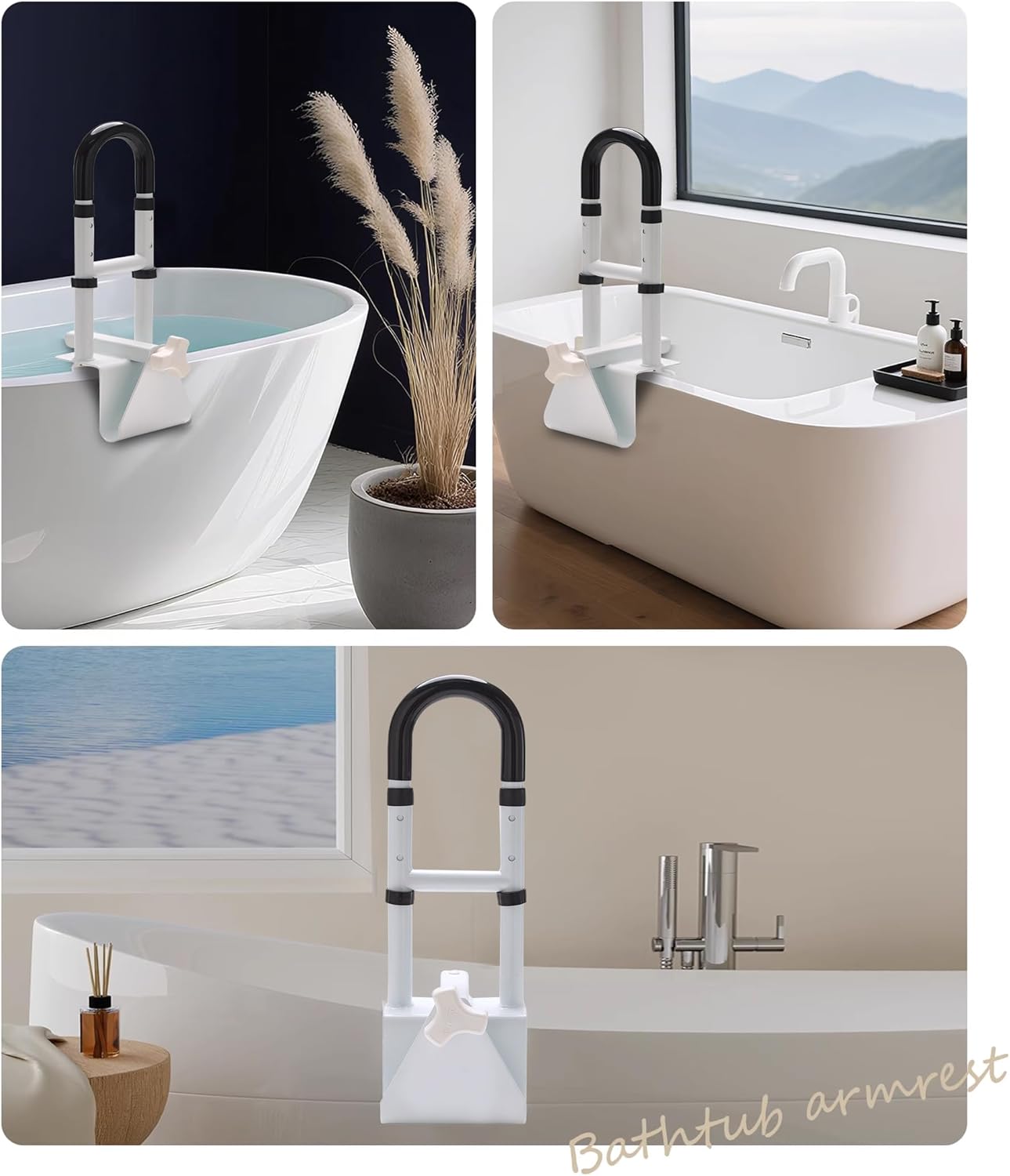 Adjustable Bathtub Handle and Grab Bar, Bathtub Safety Rail with Non-Slip Grip for Seniors, Elderly, Fits 3.1 to 6.7 Inch Tub Walls, Supports 300 lbs