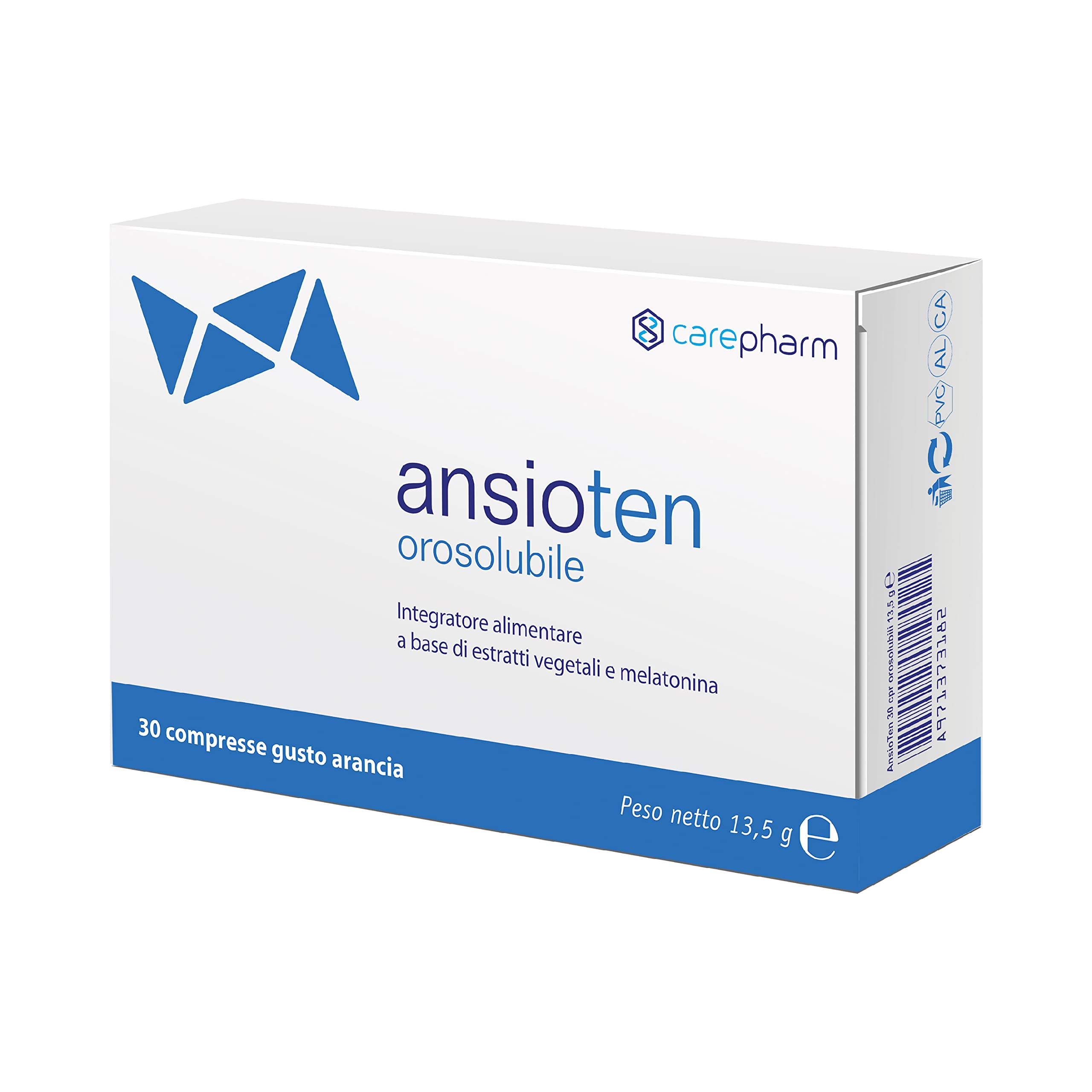 Carepharm, Ansioten Orosolubile, 30 Compresse di Integratore Alimentare a Base di Estratti Vegetali, Gusto Arancia, Favorisce il Rilassamento in Caso di Stress, Senza Zuccheri, Senza Lattosio, 30 g