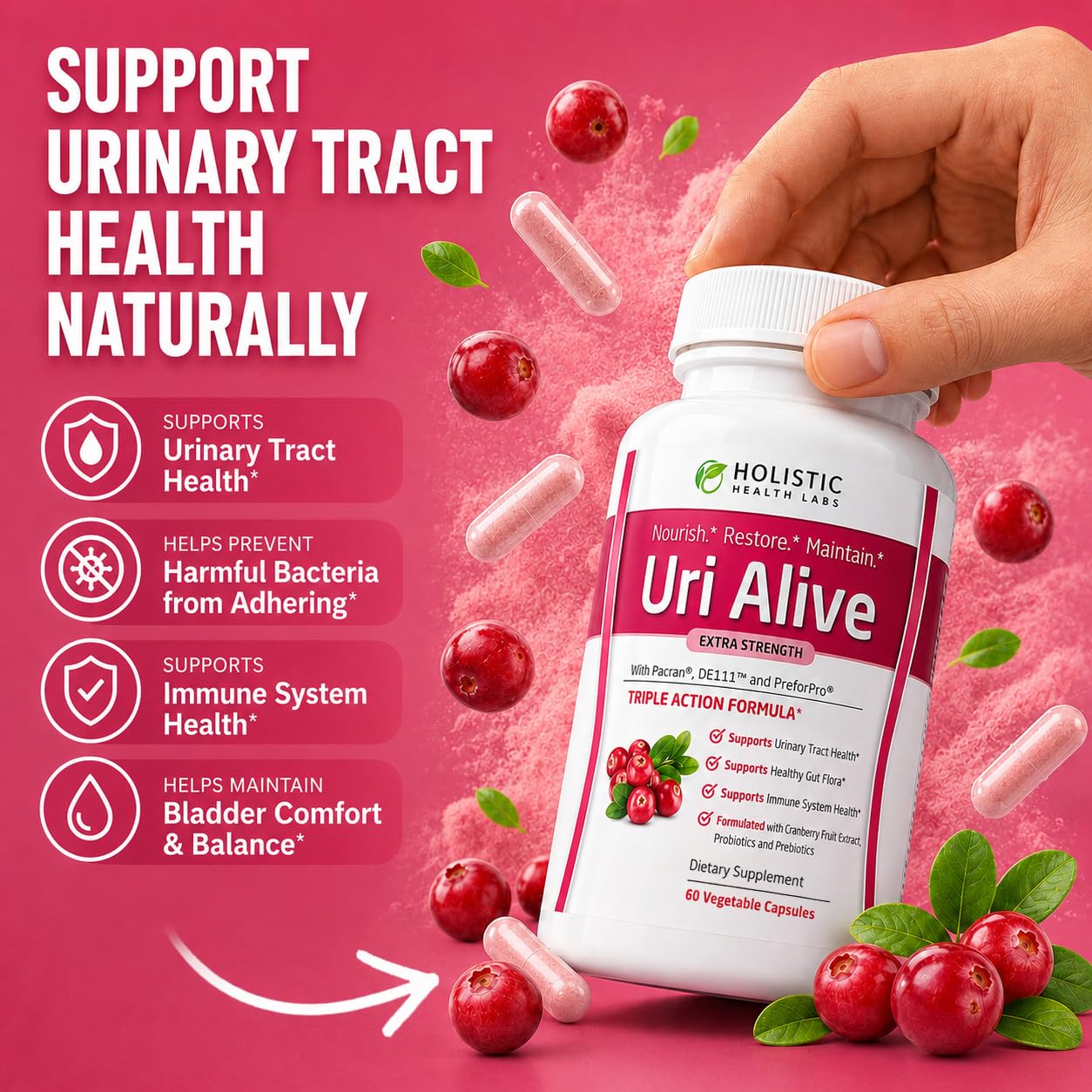 Uri Alive Extra Strength Urinary Support Supplement for Urinary Tract, Bladder, Gut Flora, and Immune System Health (60 Count (Pack of 1)) — Amazon image 2