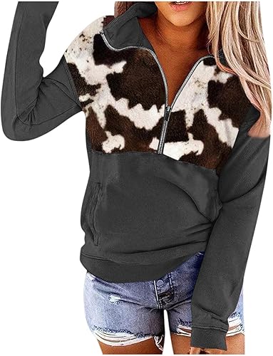 Melliflo Sudadera casual con estampado de vaca azteca con cuello con cremallera para mujer