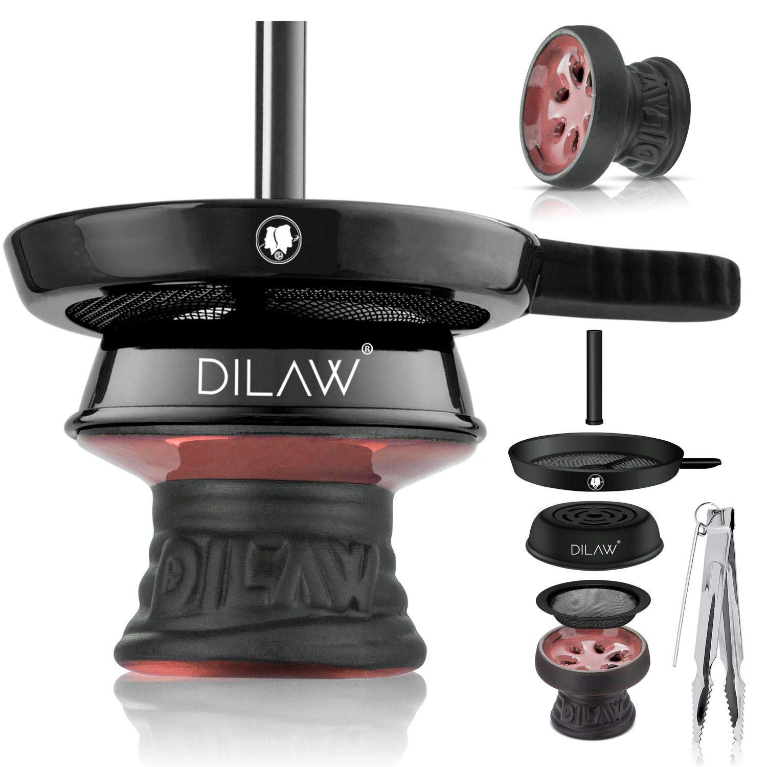 DILAW® Shisha Steinkopf Set Kaminkopf Small Tabaksieb Kohlezange Kaminaufsatz Tabak Kopf, Rot