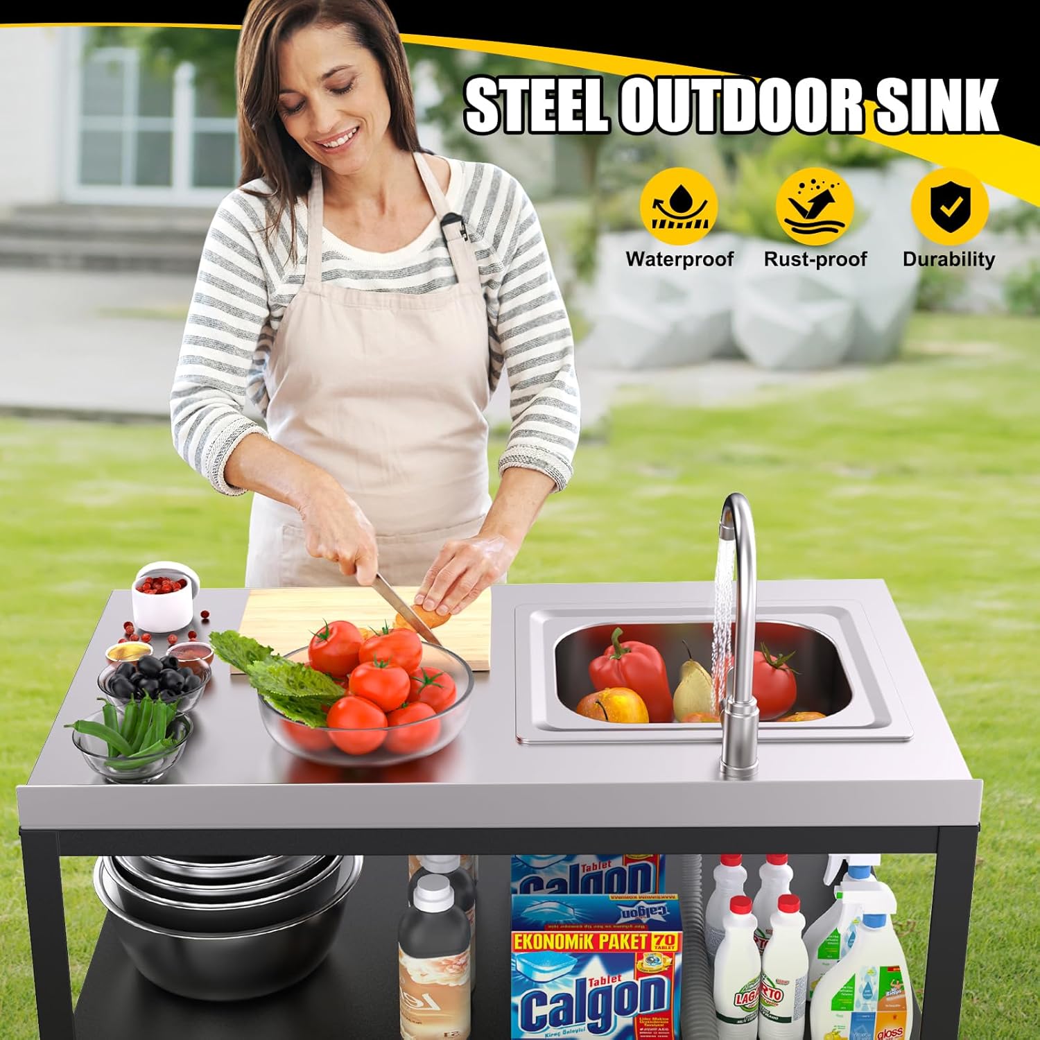 36"H Outdoor Kitchen Sink Station, Outdoor Sink with Hose Hook Up, Stainless Steel Outdoor Utility Sink with Countertop, Freestanding Laundry Sink for Backyard, Garage, Patio, Restaurant