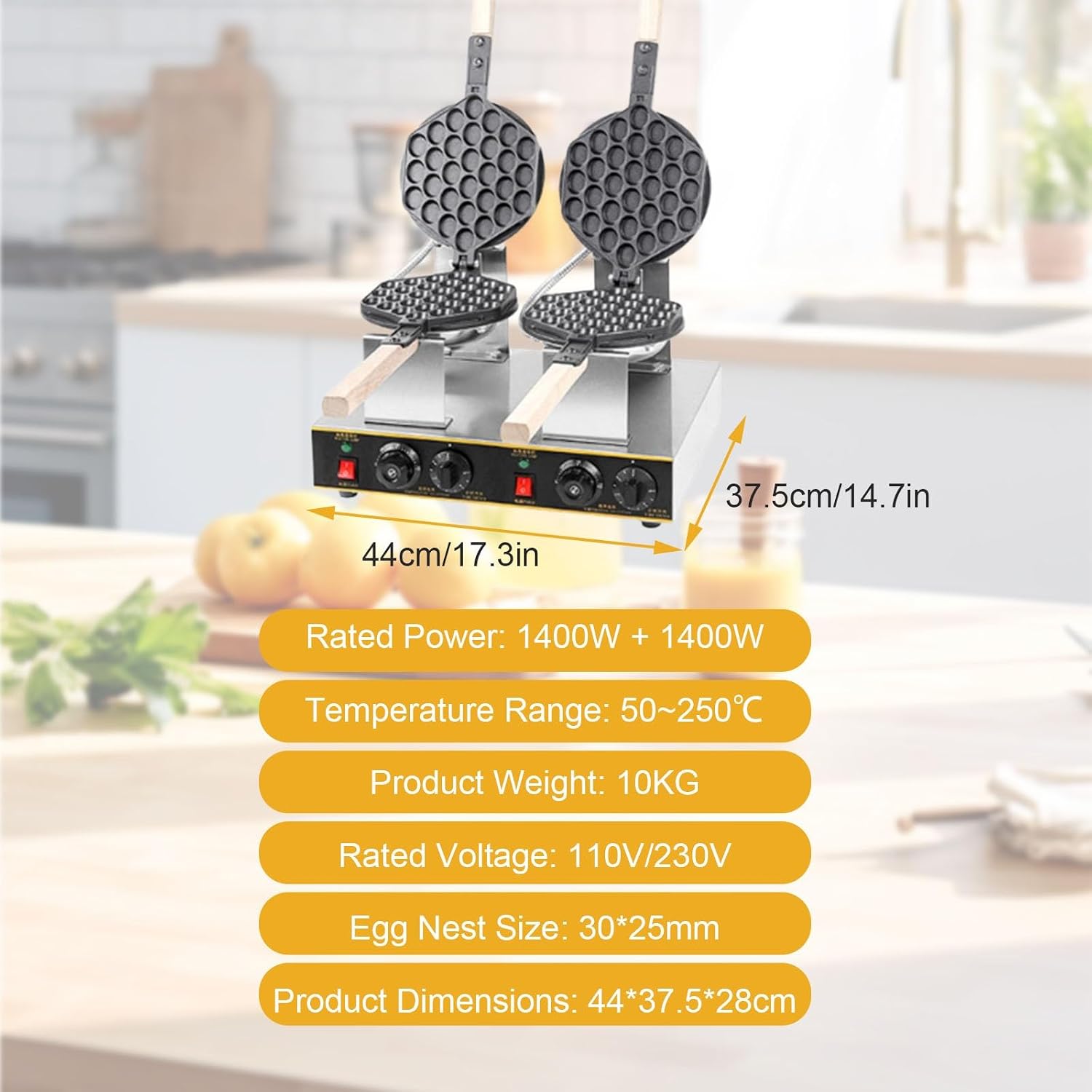 Egg Waffle Maker Puff Waffle Maker, Commercial Bubble Waffle Iron with Double Head Design, Instant Heat Electric System for Street Food and Restaurants(Double pot)