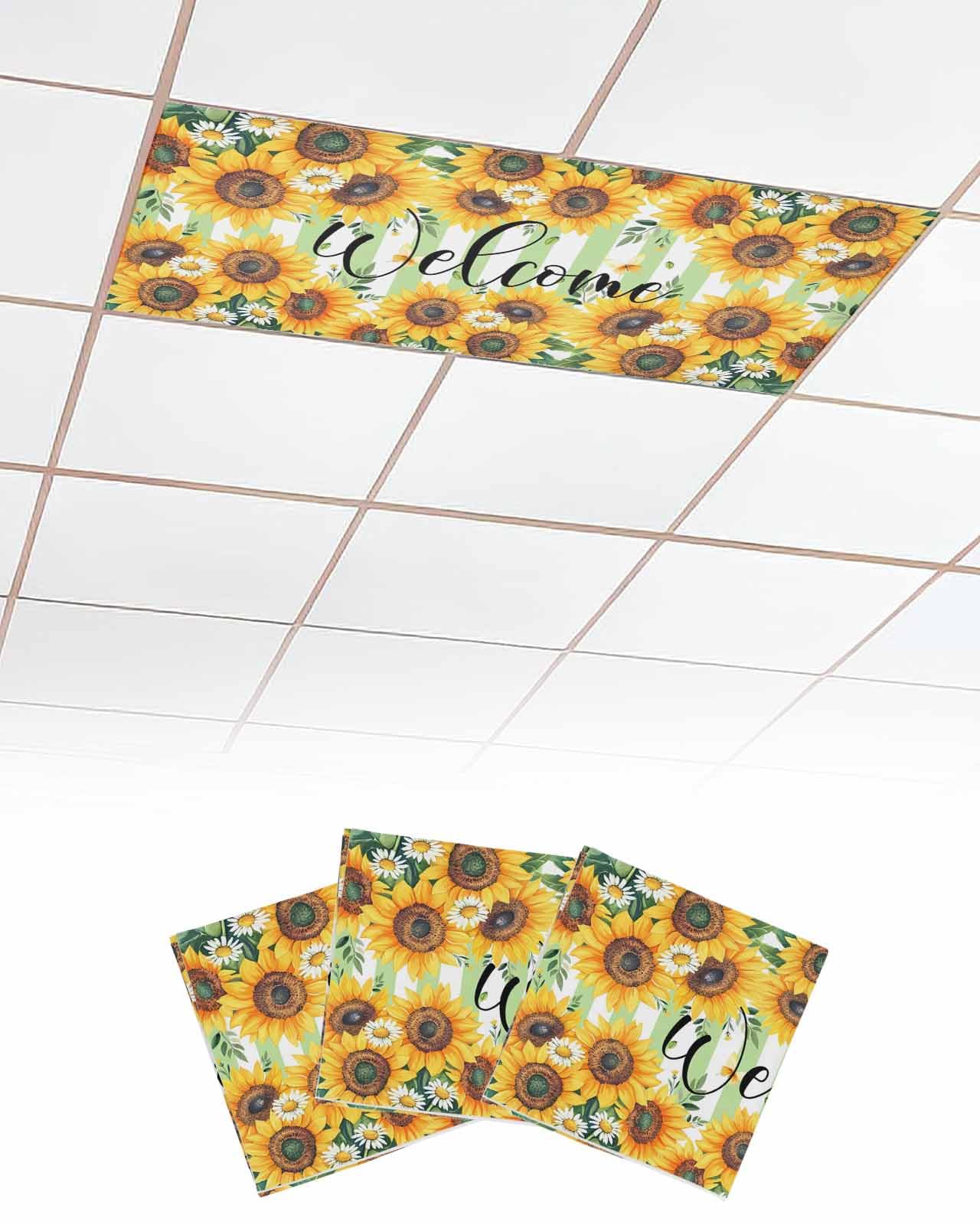 EwdeWwo Plant 3 Pcs Fluorescent Light Covers for Ceiling Lights, Sunflower Butterfly Daisy Green Stripes Magnetic Light Filters for Eliminate Harsh Glare Classroom Office Decoration, 4 x 2 Ft