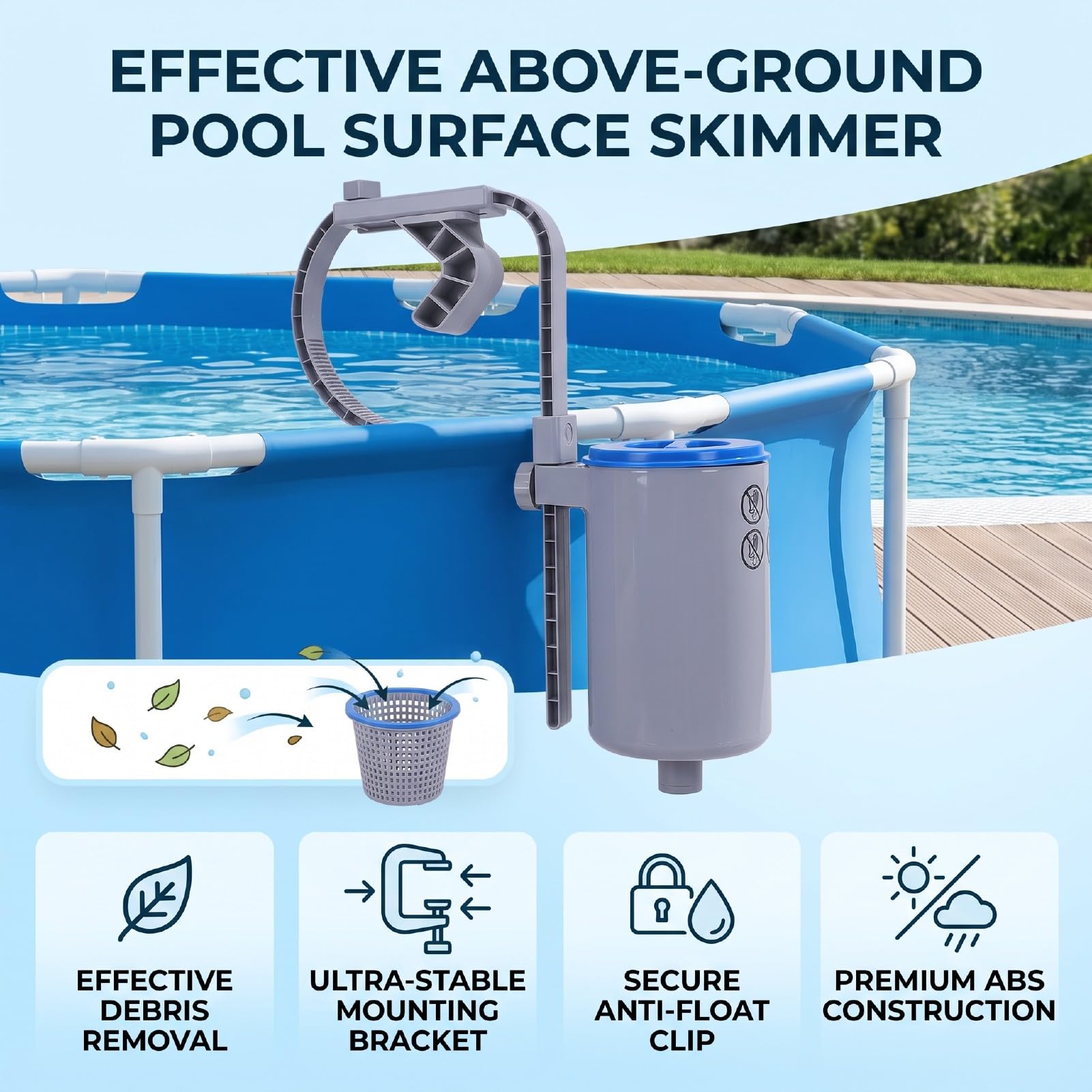 Luocute Skimmer per Piscina Fuori Terra, Skimmer di Superficie Galleggiante Automatico con Montaggio a Parete | per piscine gonfiabili e con struttura in metallo, clip anti-galleggiante, funziona con pompa da 800 GPH