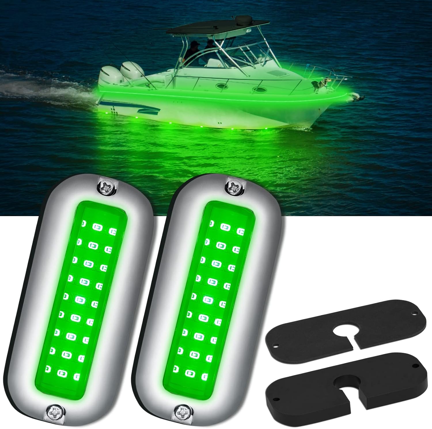 Obcursco Led Boat Lights Waterproof IP68, Underwater Lights for Boat (2 * 27 Leds 1200LM), 316 Stainless Air or Underwater Marine Lights Ideal for Night Fishing, Pontoon, Jon Boat, and Transom (Green)