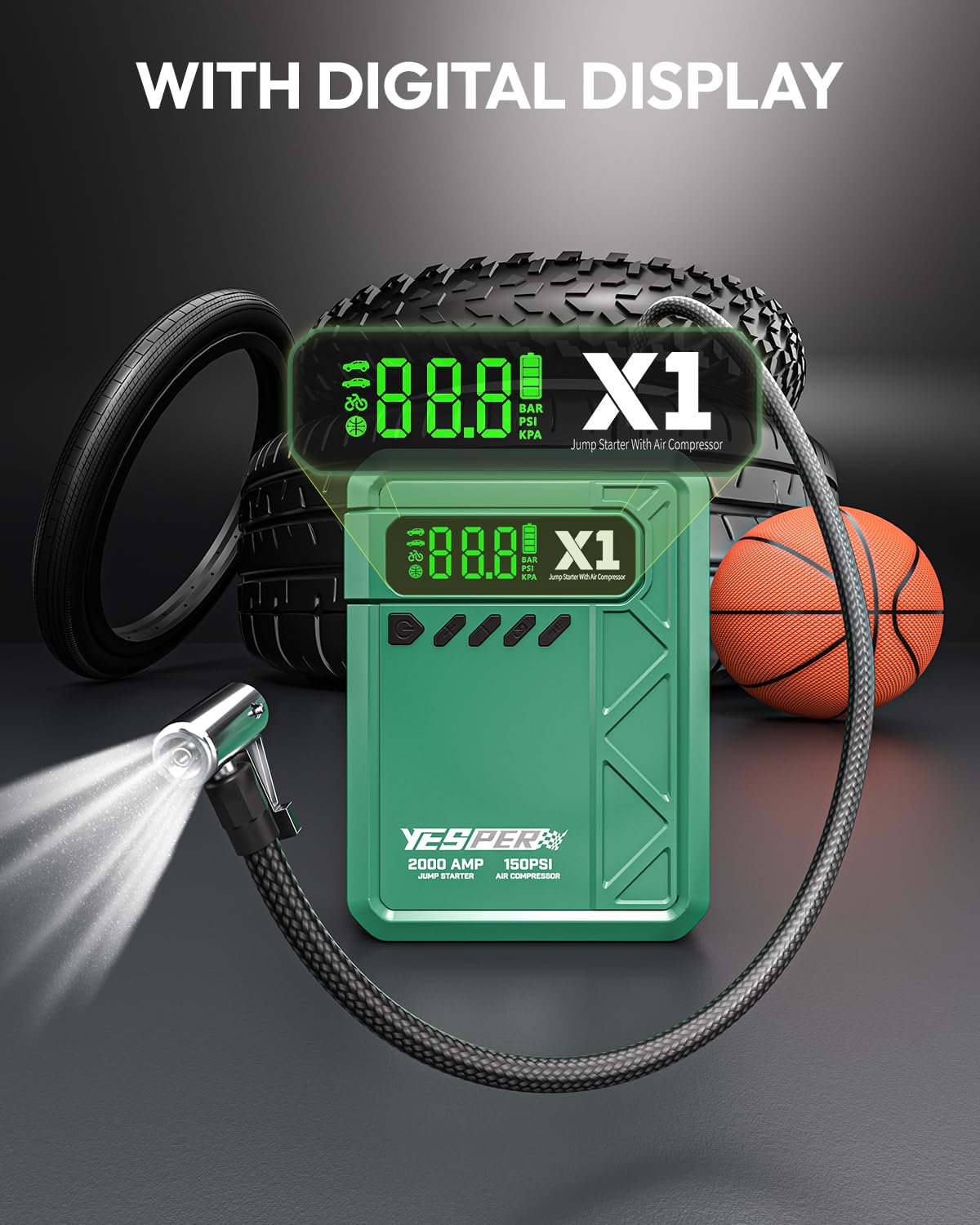 YESPER Auto-Starthilfe mit Luftkompressor, 2000 A Spitze, tragbares Starthilfe-Set mit 150 PSI digitalem Reifenfüller, 12 V 20.000 mAh Batterieladegerät, Starthilfe für bis zu 8 l Gas- und 6 l