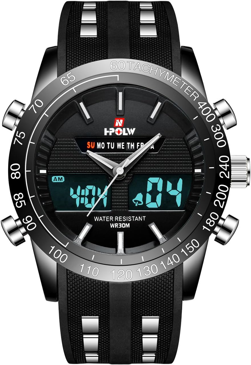 KDM Mens Big Face Digital Analogue Sports Watches Men Waterproof LED Electronic Military Digital Watch with Stopwatch Men's Army Chronograph Multifunction Wrist Watch with Black Rubber Band (White)