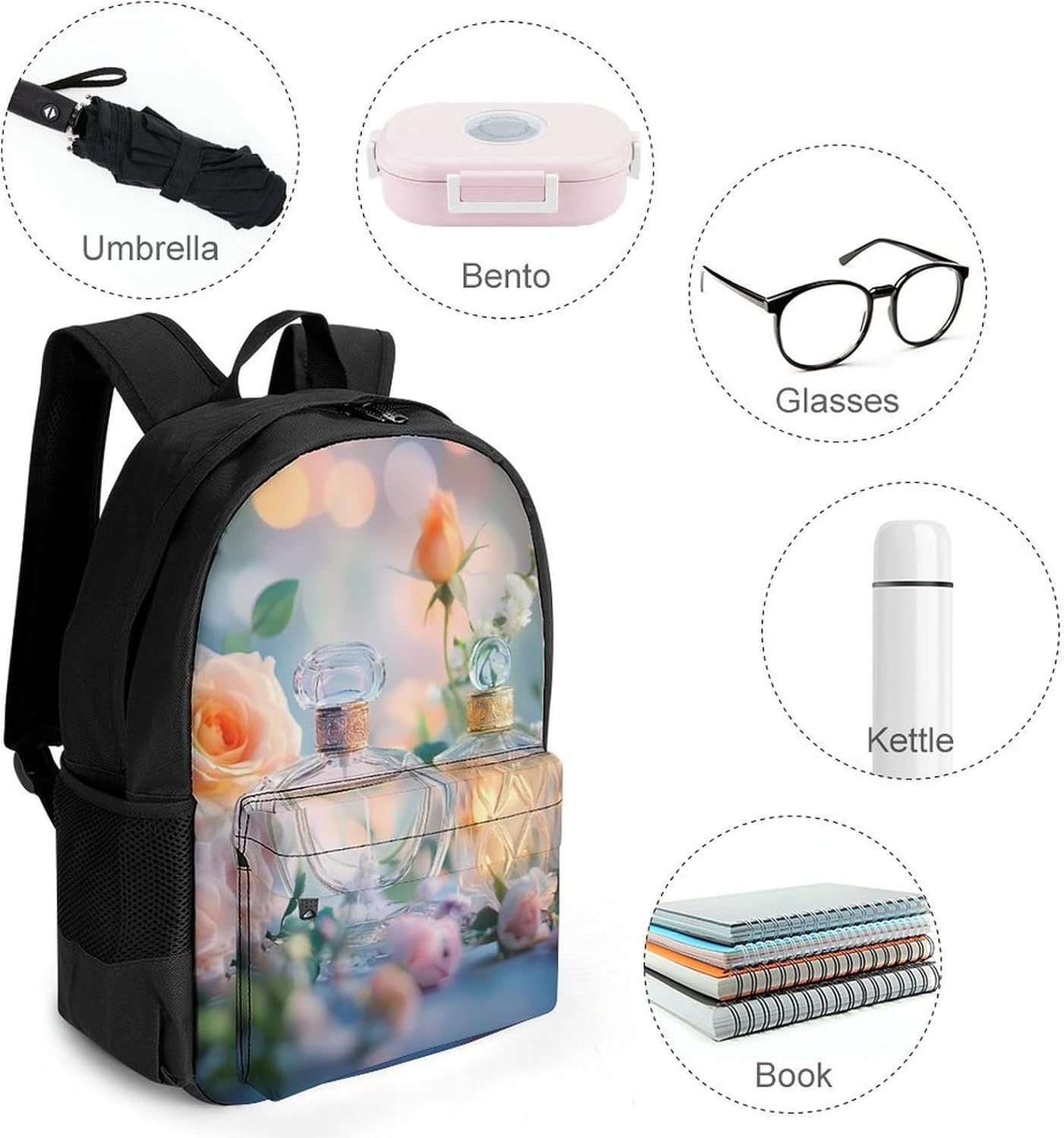 Perfume Rose Floral Laptop Backpack for Men Women Fashion Computer Bag Business Travel Daypack