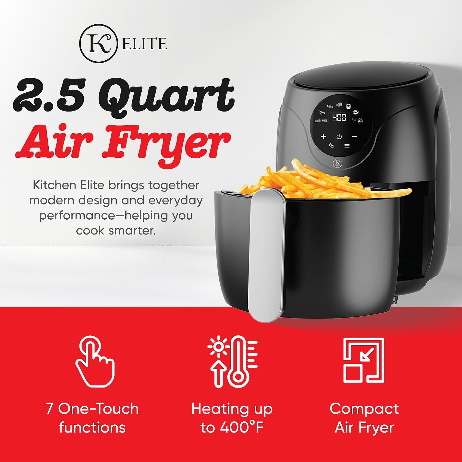 Close-up of the Kitchen Elite Air Fryer's digital control panel showing temperature and time settings.