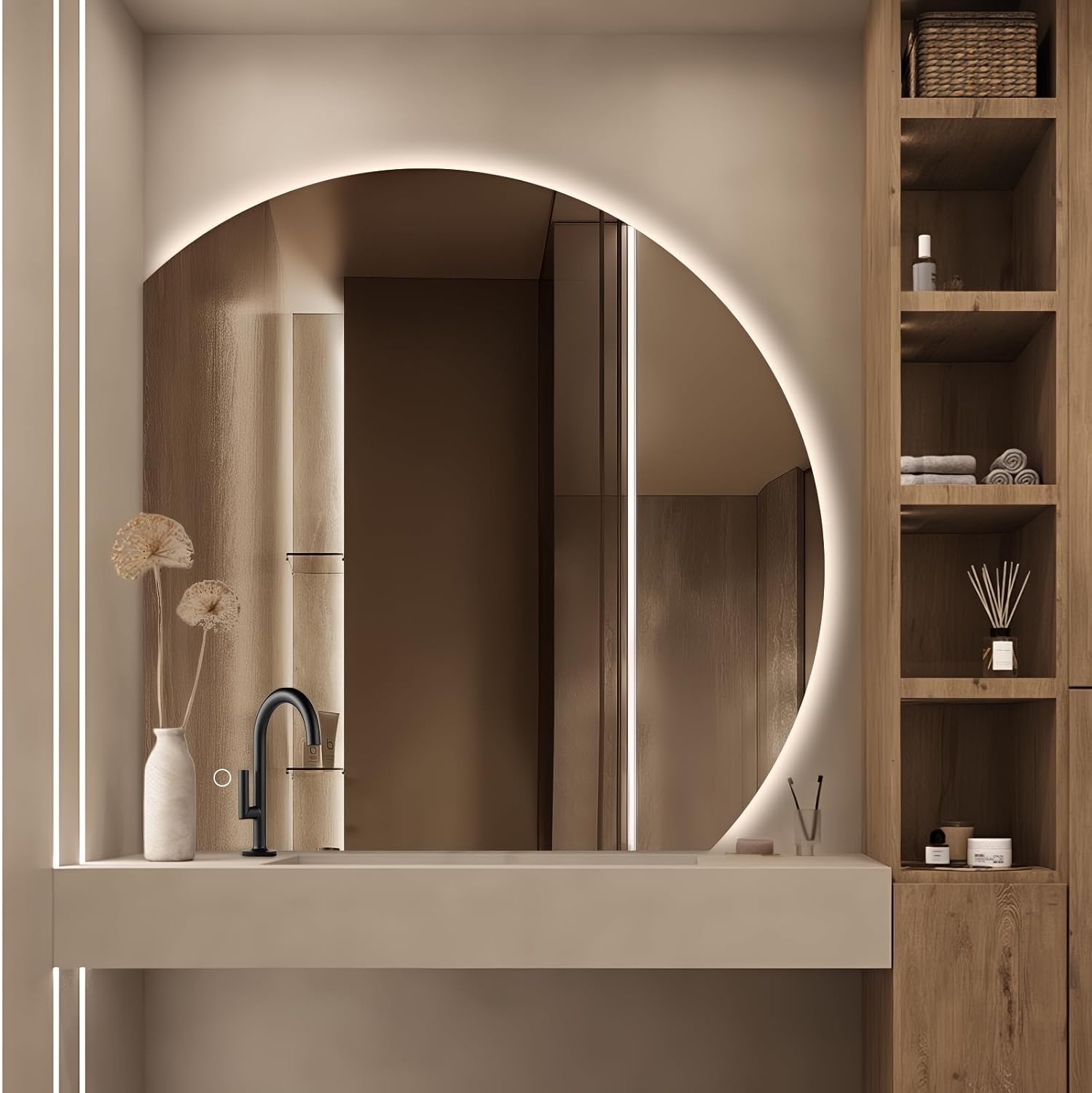 Niccy Half Moon Led Mirror for Bathroom, 40" Semi Round Backlit Mirror for Wall Lighted Mirror with Frameless 3 Color, Defogger, Explosion-Proof, HD Glass and IP65 Vanity Mirror Backlit With Frameless B 40"L x 40"W