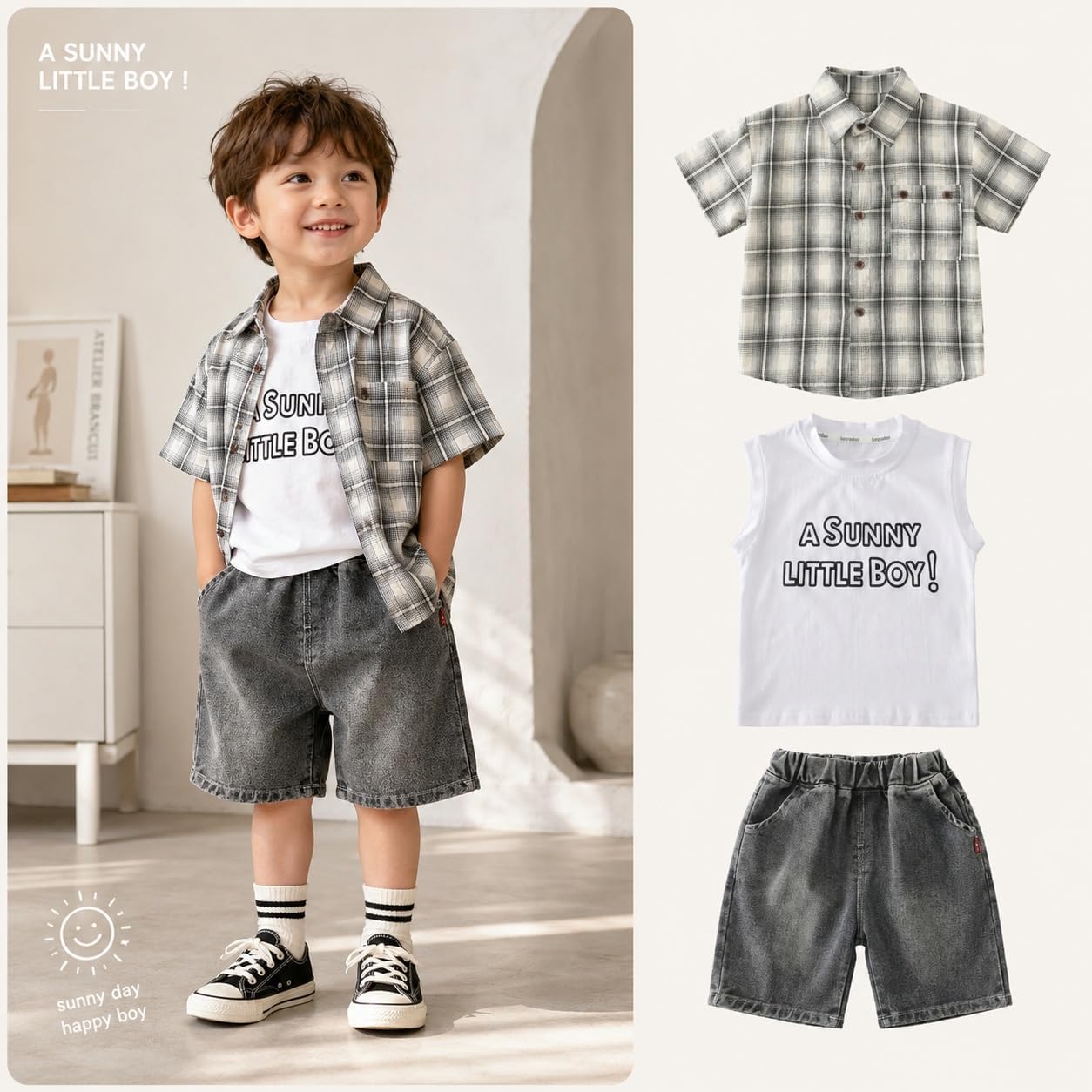 JQT Baby Boy 3-Piece Summer Outfit Set, Plaid Short Sleeve Shirt, Letter Print T-Shirt, and Denim Shorts for Toddlers
