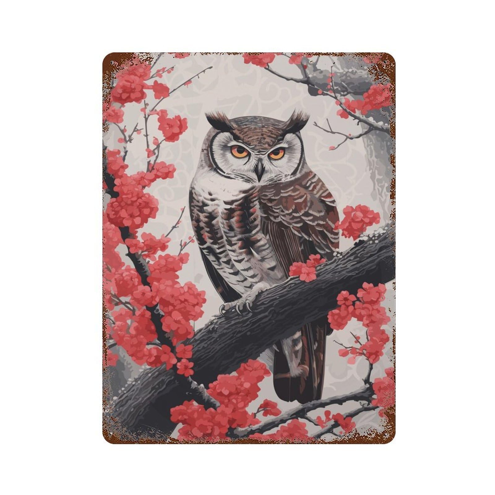 Rusty Metal Tin Sign Owl Japanese Painting 15.7"x11.8", Industrial Home Decor for Patio, Garden Room And Bar Decor