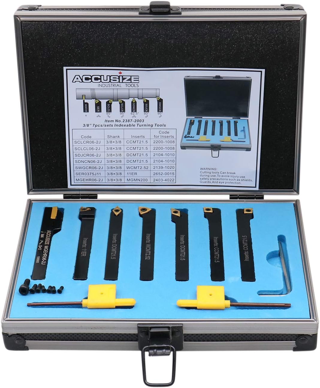 Accusize Industrial Tools 3/8'' Shank 7 Pc Indexable Carbide Turning Tool Set in Fitted Box, 2387-2003