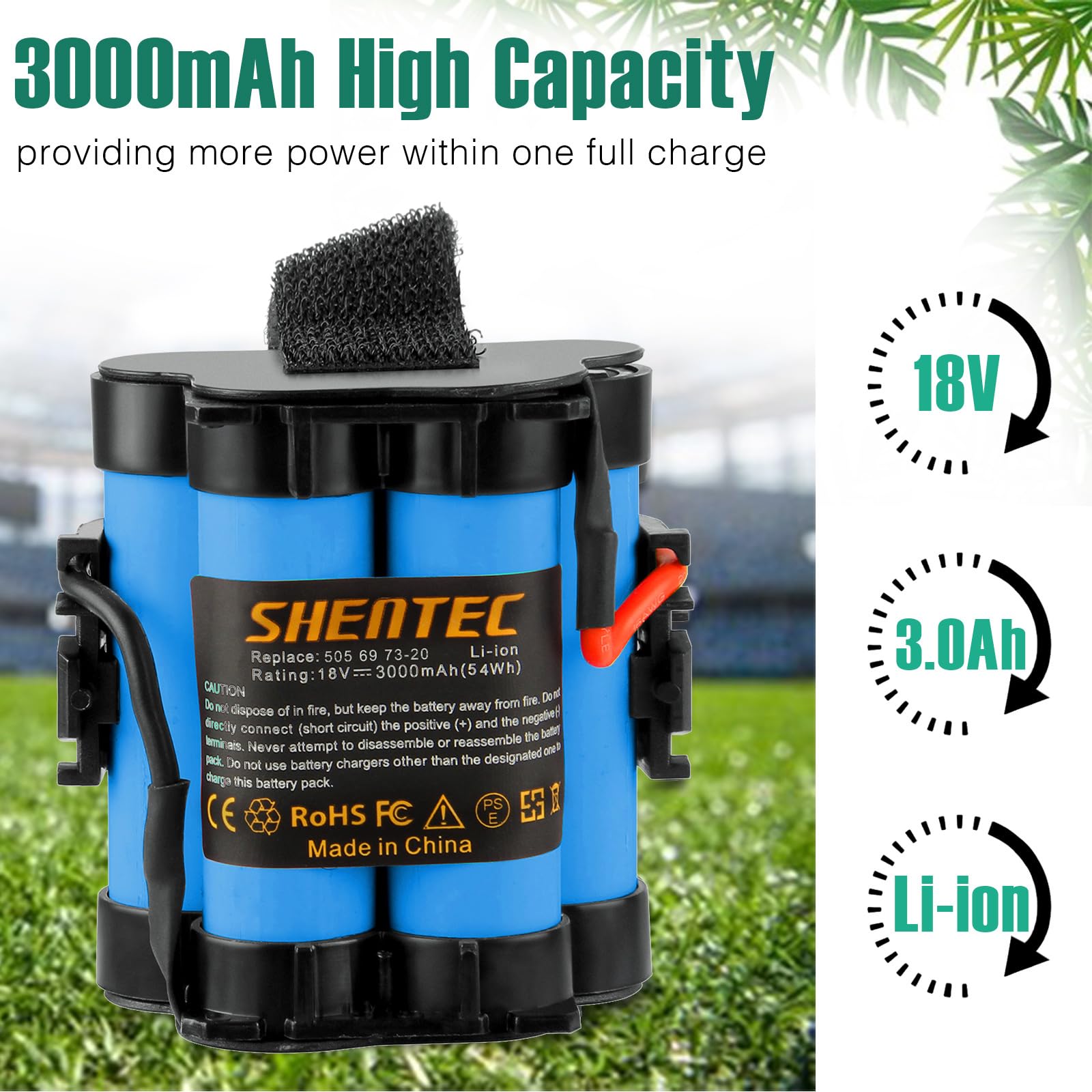 Shentec 18V 3000mAh Li-ion compatibile per Batteria 18v R80Li R75Li R70Li R50Li R45Li R40Li R38Li Rasaerba 105, 305, 308, 308x Rasaerba robotizzato 1200R