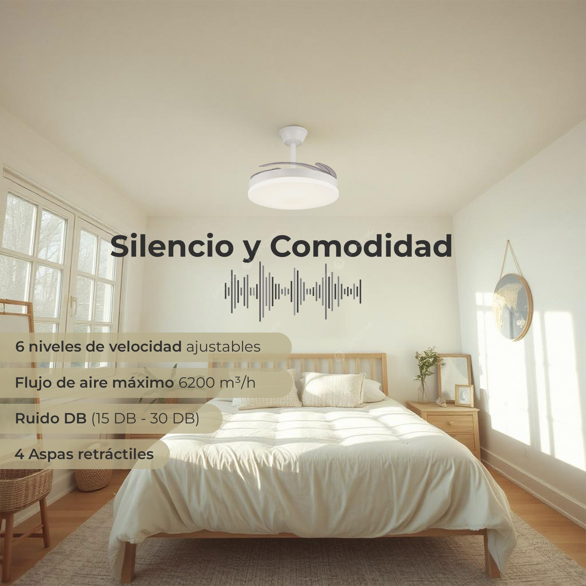 LUMIKING Ventilador de Techo con Luz LED 72W Retráctil y Silencioso - Lámpara con Aspas Plegables, 3 Tonos de Luz (3000-4000-6000K), 6 Velocidades, Memoria, Modo Verano Invierno, Ø108 cm