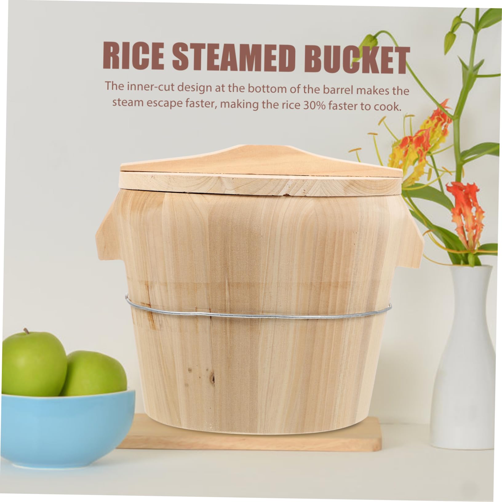 Cubo de Arroz al Vapor de Madera Natural para Restauración y Hogar | Madera Natural, Diseño de Fondo Móvil, Limpieza Sencilla, para Cocina al Vapor, Restauración y Hogar Doméstico