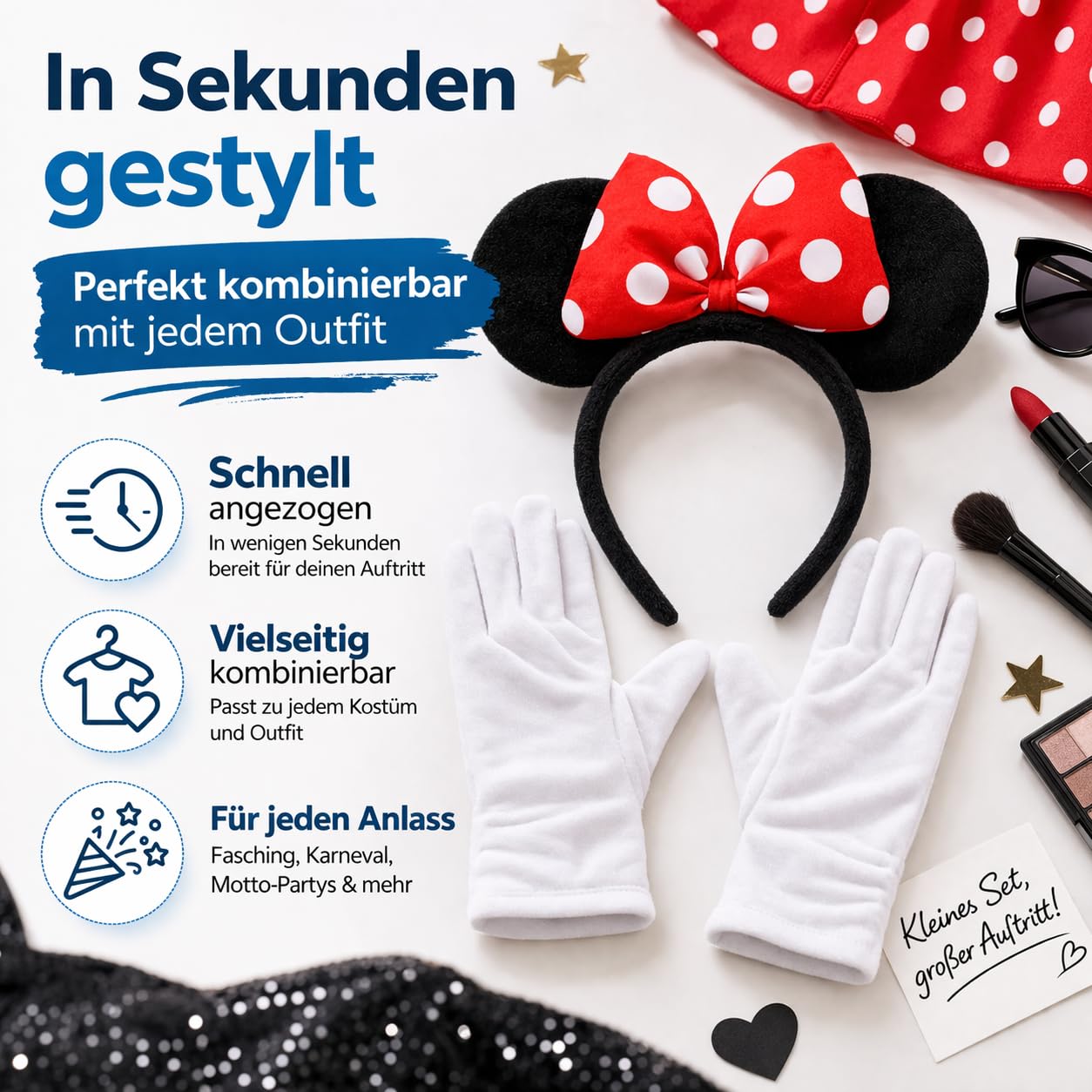 Costumed 2-częściowy zestaw z uszami myszki Minnie – kostium z rękawiczkami i uszami myszy dla kobiet na karnawał