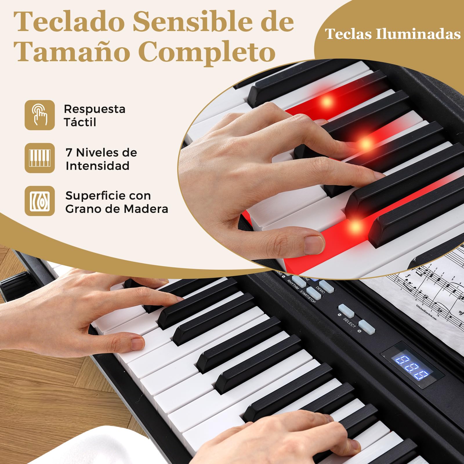 COSTWAY Teclado de Piano 88 Teclas, Piano Electrico con Soporte Ajustable y Taburete, Teclado Musical de Tamaño Completo, Teclas Iluminadas, Función MIDI, Pedal para Principiantes, Adultos (Negro)
