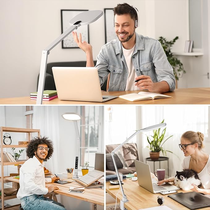 LitONES LED Desk Lamp for Home Office, 15W Desk Light with C- Clamp, Swing Arm, Memory & Timer Function, 1200LM Dimmable Computer Light for Video Calls, Conference, Study (White-Clamp) photo 2