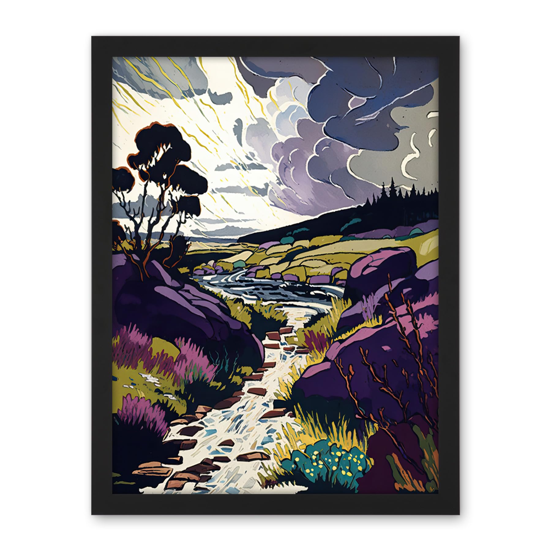 Artery8 Scottish Landscape Illustration with Stormy Clouds Artwork Framed Wall Art Print 18X24 Inch