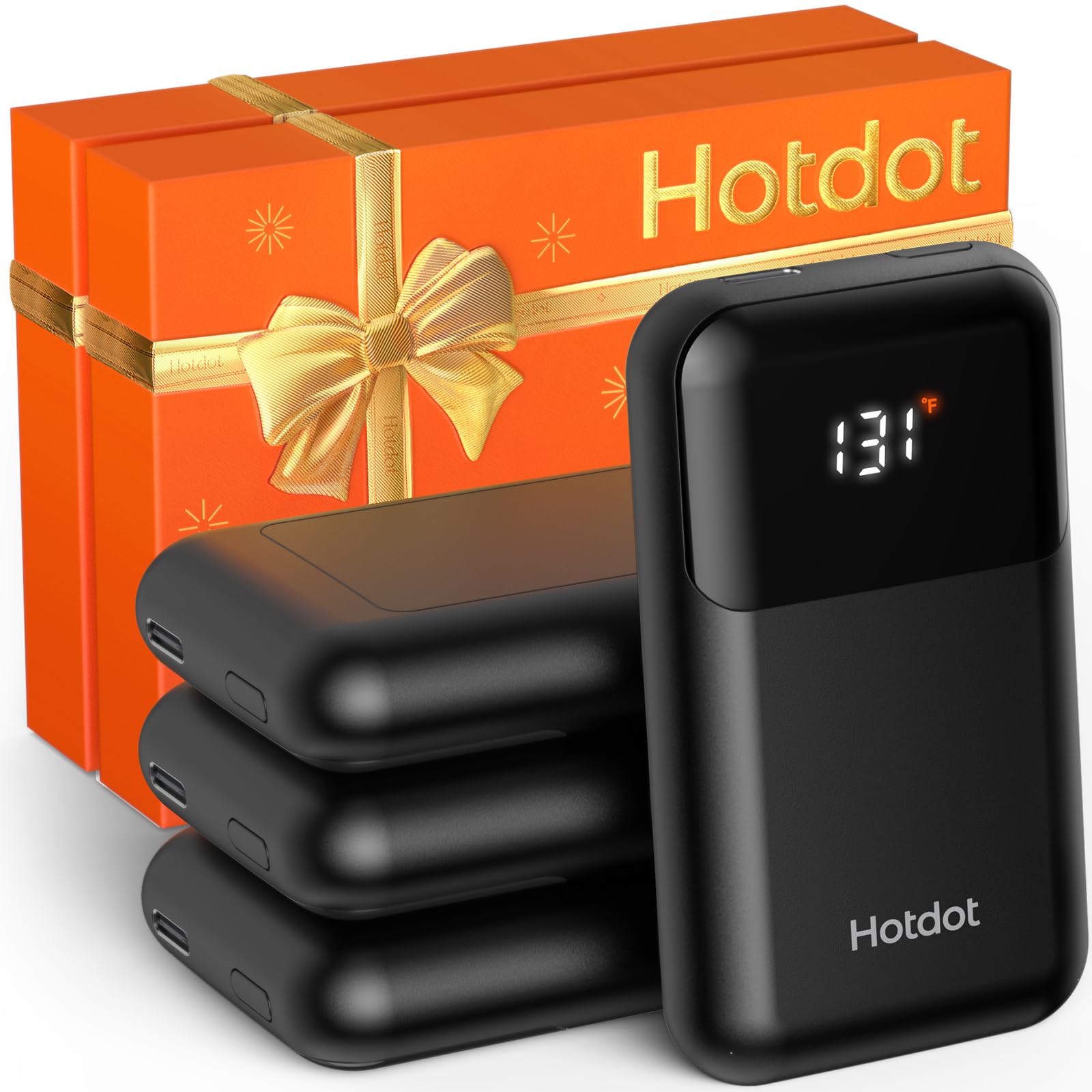 Hotdot Hand Warmers Rechargeable with Gift Box, 4 Pack Electric Hand Warmer with LED Display Battery and Temperature, 4 Heating Levels Portable Hot Hands, for Men, Women, Hunting Black
