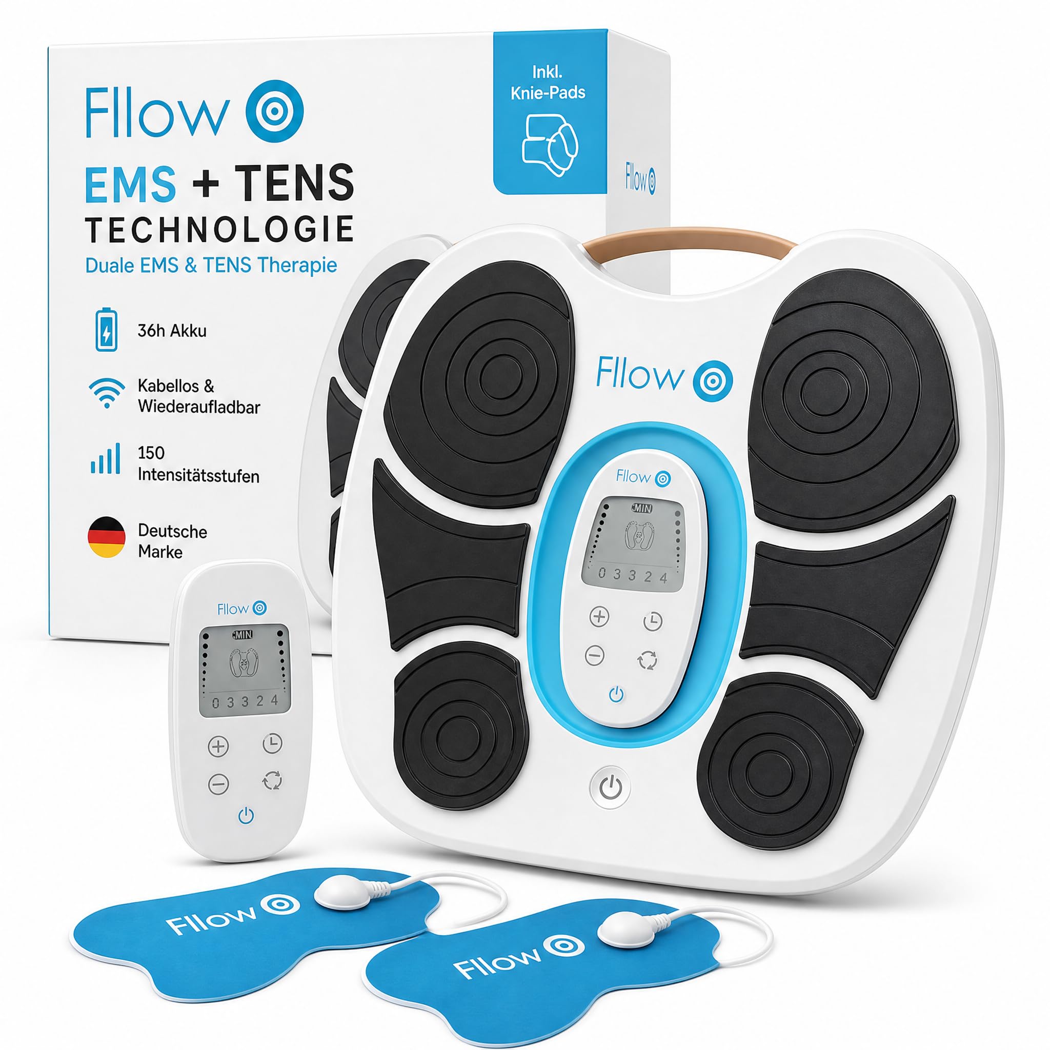 Fllow EMS-Tens Fußmassagegerät - Smarte Impulstherapie mit Elektrostimulation zur Durchblutungsförderung - 150 Stufen - kabellos - mit Arthro-Pads