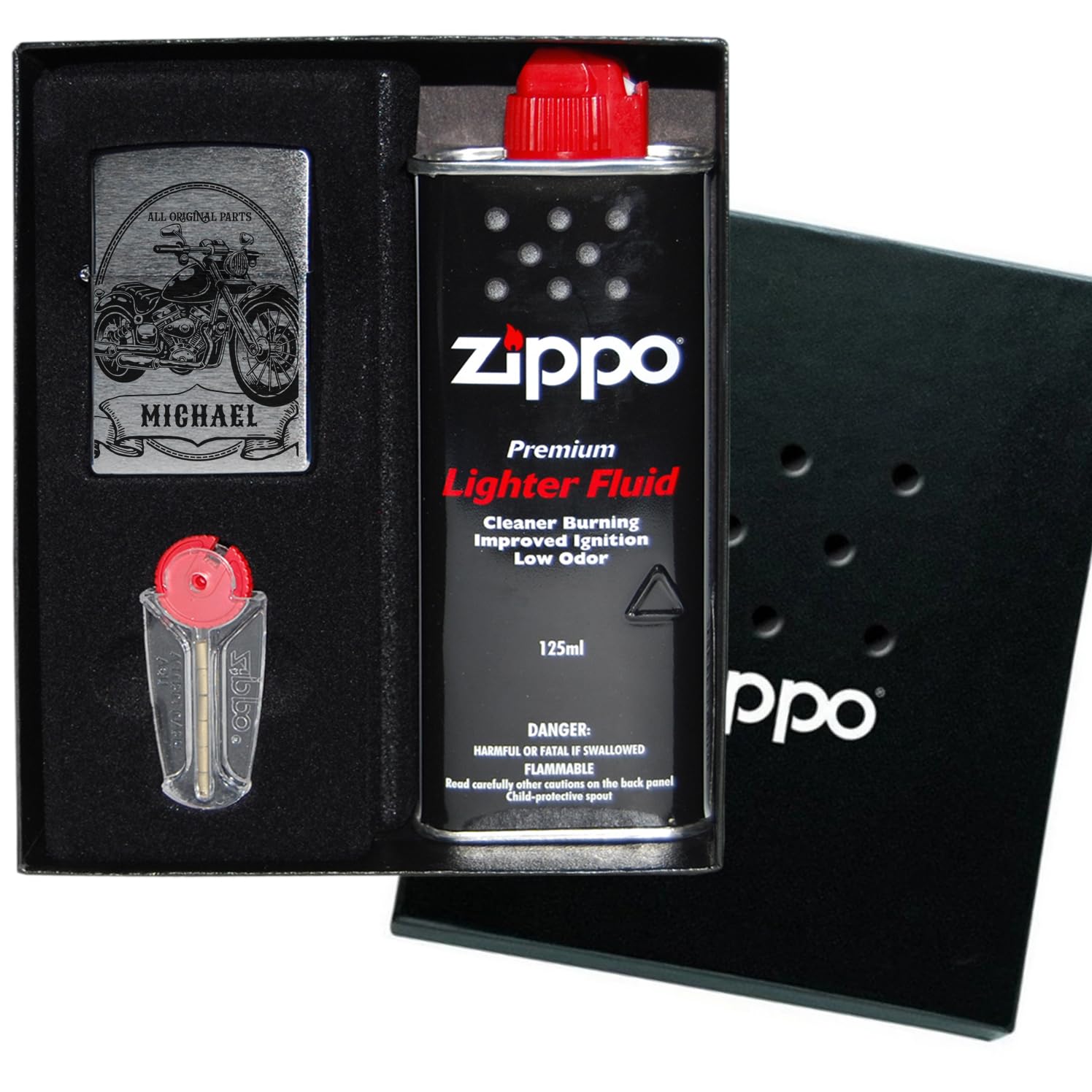Zippo Benzinfeuerzeug mit Gravur Motorrad personalisiert mit Name für Motorradfahrer Biker Chopper Sturmfeuerzeug Chrome Brushed Geschenk (Motiv 1: Bike)