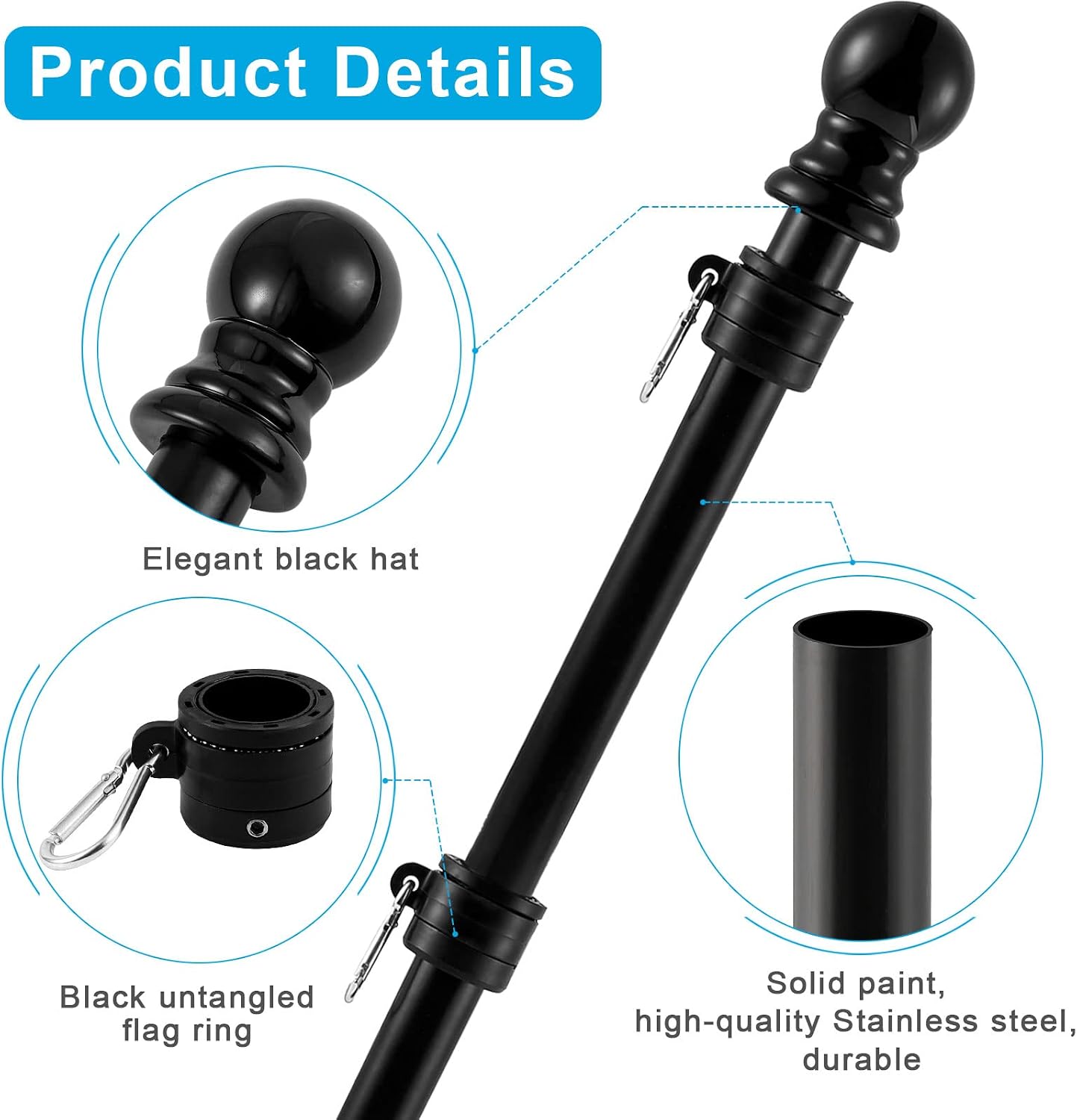 Black Flag Pole for House 6FT Flag Pole Kit, Outdoor Stainless Steel Metal Flag Poles, Wall Mounted Tangle Free American Flag with Pole for Truck Garden Yard Porch Boat Commercial (Flagpole only)