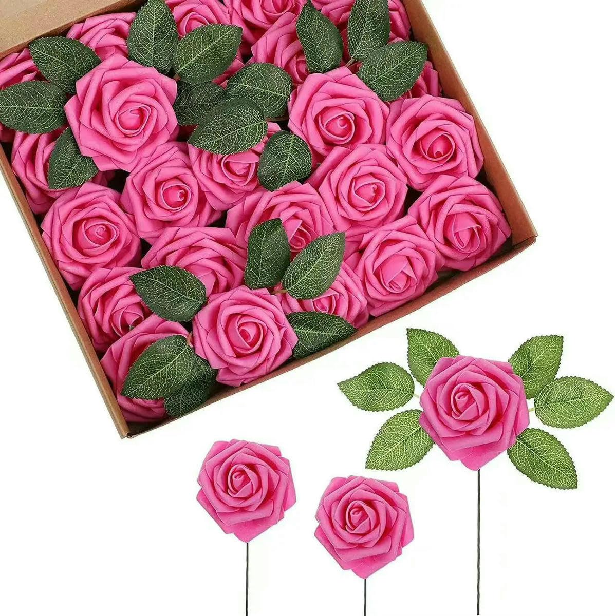AYHTUD 10~100pcs Rose Artificial Flowers Foam Fake Roses Wedding Bouquets Centerpieces Mothers Day Valentines Party Decoration-Rose red-50pcs no box leaves