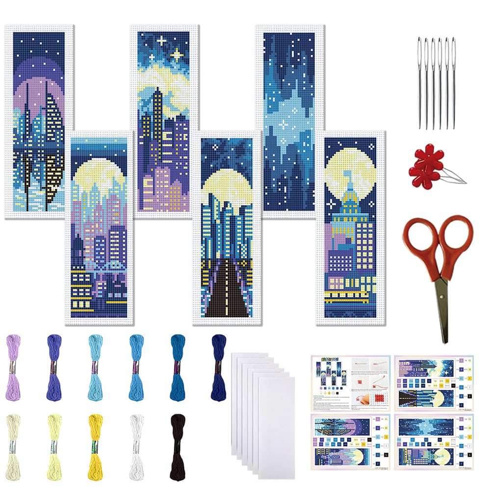 FREEBLOSS 6 Set Cross Stitch Bookmark Kit 11 CT Complete Cross Stitch Kit DIY Embroidery Bookmark Kits for Adult Beginners with Instructions, City Night View Pattern, 6 x 20 cm/8" x 2.4"