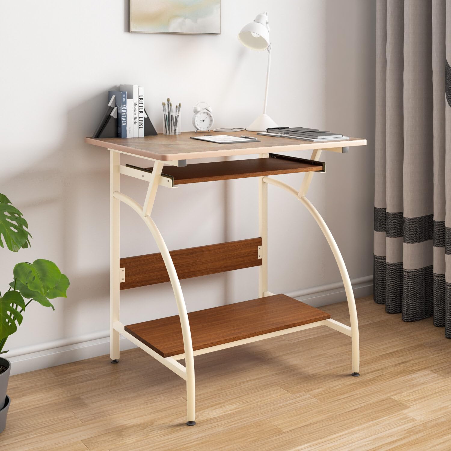 Nilkamal Alwin Computer Table|Engineered Wood|Dedicated Keyboard Drawer|CPU Shelf|Ideal for Living Rooms, Bedrooms, Offices, Library, Computer Rooms|Ivory/Walnut