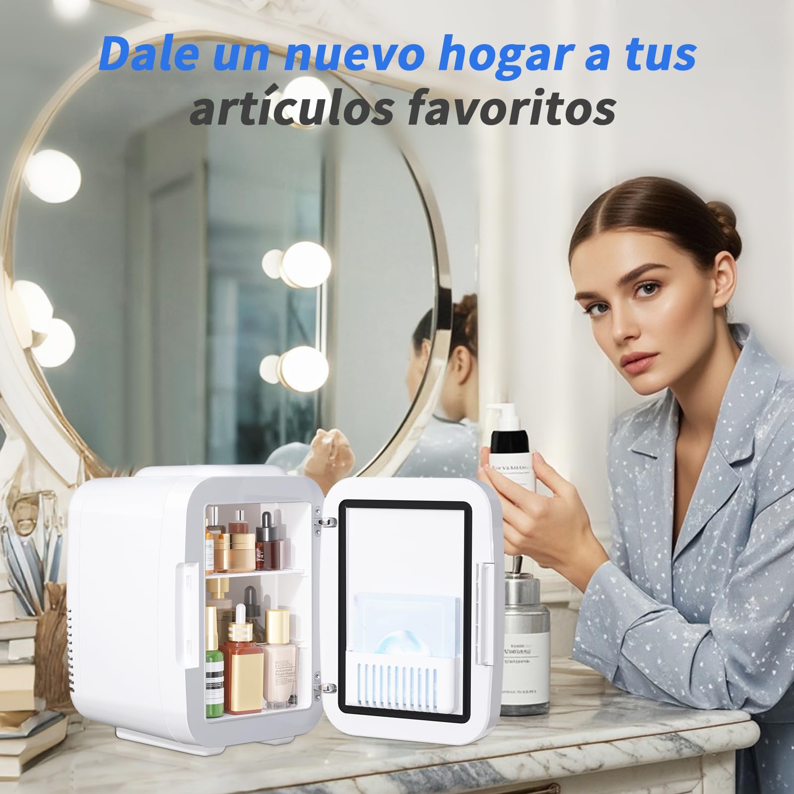 YASHE Mini Nevera para Dormitorio, Skincare Nevera con Espejo LED, Pequeña Nevera de 4L Portátil, Calentador y Enfriador Termoeléctrico 220V AC / 12V DC para Coche, Oficina, Dormitorio (blanca)