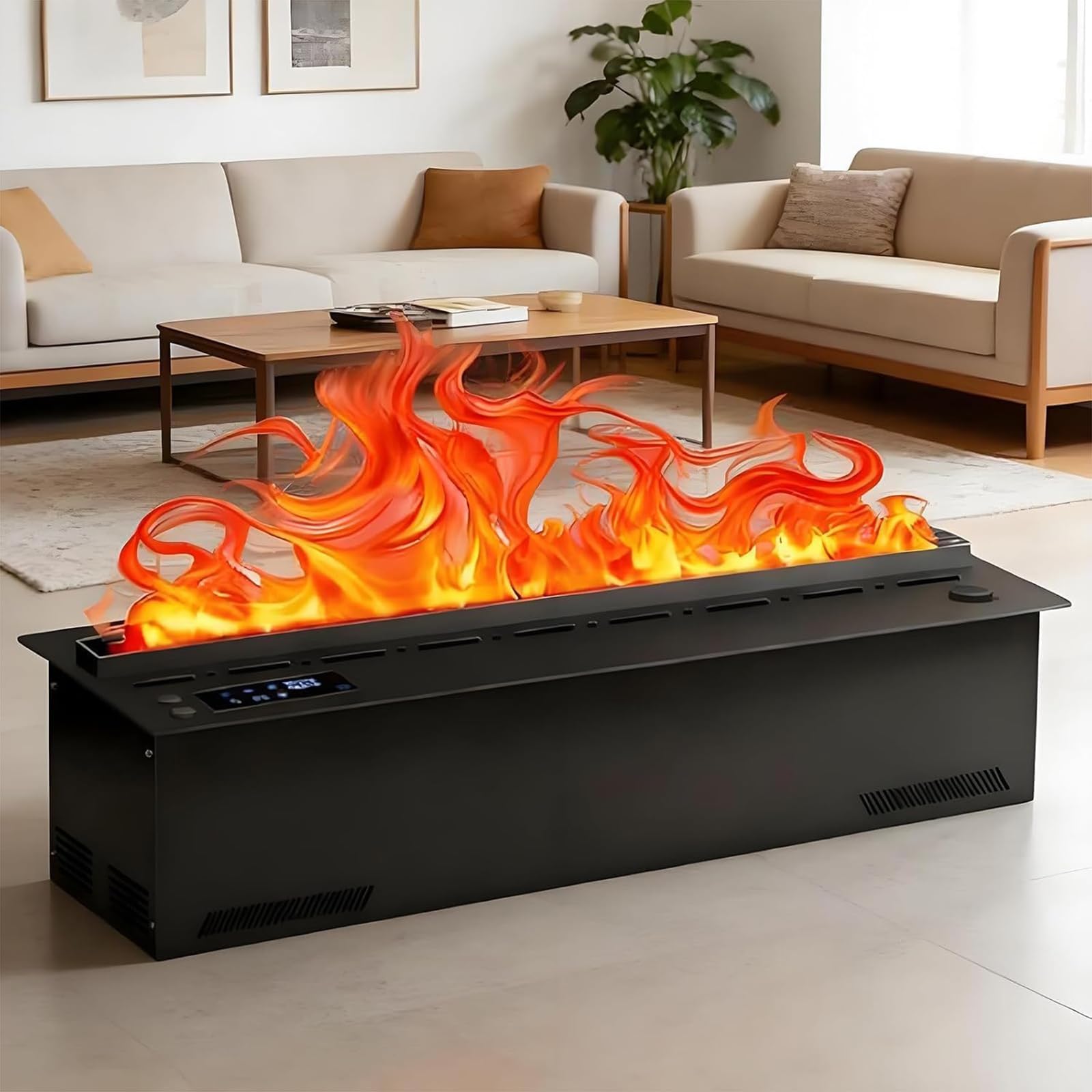 Camino A Vapore Acqueo 3D Durevole Multiuso Camino Nebulizzato con 7 Colori di Fiamma Regolabili E 5 Livelli di Luminosità Acciaio Inox Spazzolato Touch/Telecomando,70cm