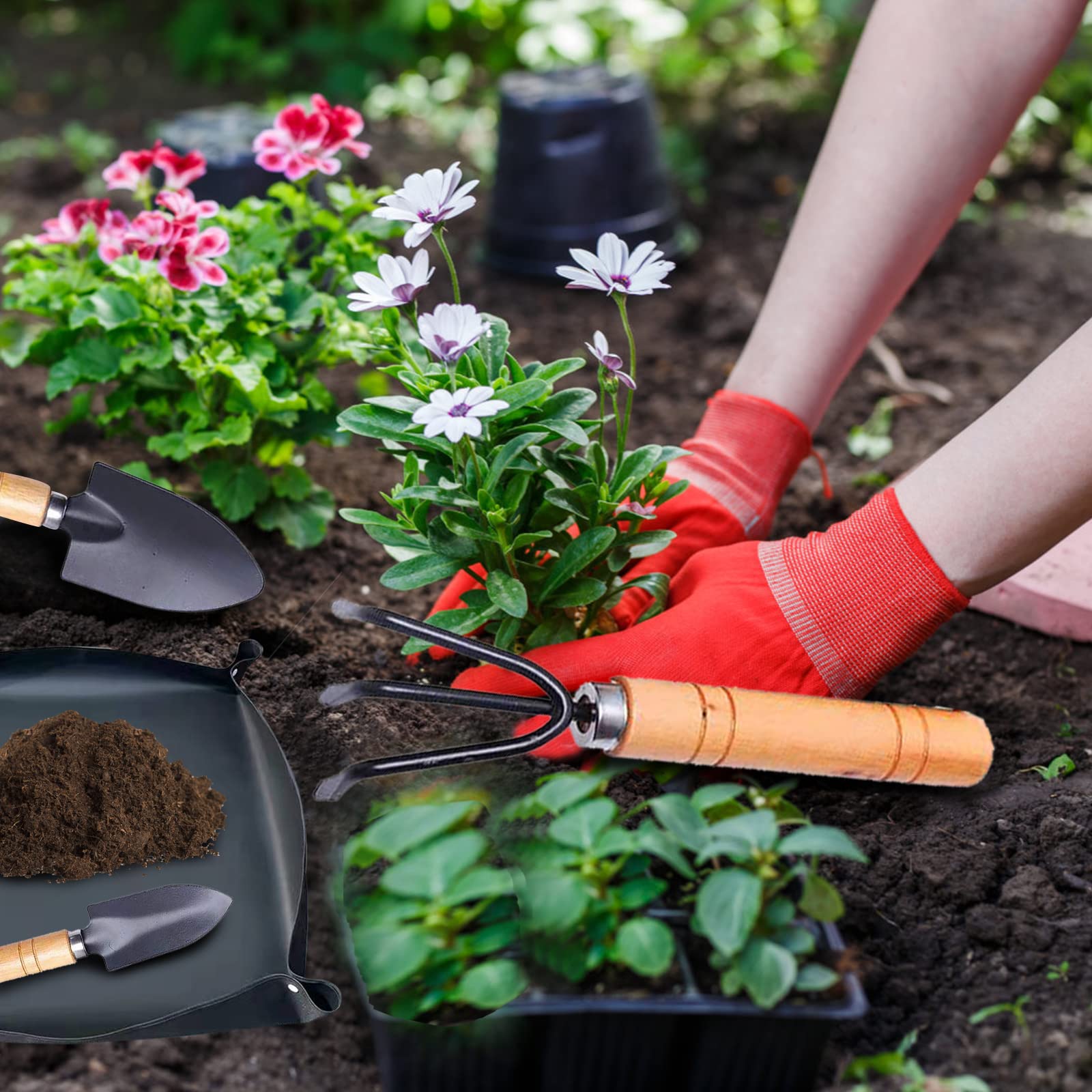 Tappetino Rinvaso Piante 2 Pezzi | Impermeabile Con Attrezzi | 100x100cm E 50x50cm | Per Giardinaggio