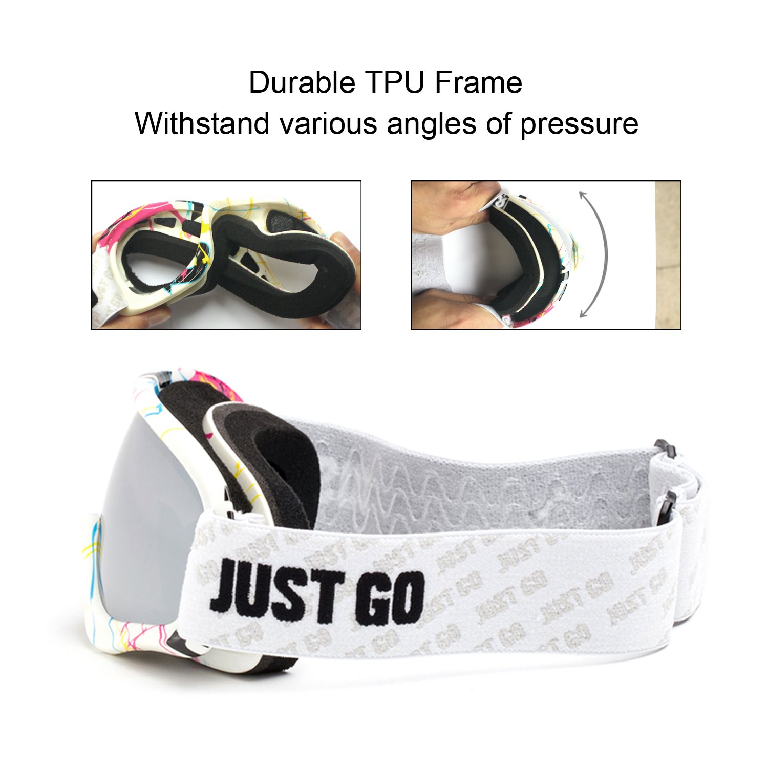 JUST GO Gogle narciarskie dla dzieci z etui EVA, gogle snowboardowe, przeciwmgielne, dwuwarstwowe soczewki ochronne UV 400, dla chłopców i dziewczynek, wielokolorowa ramka, srebrne soczewki (VLT 13,2%