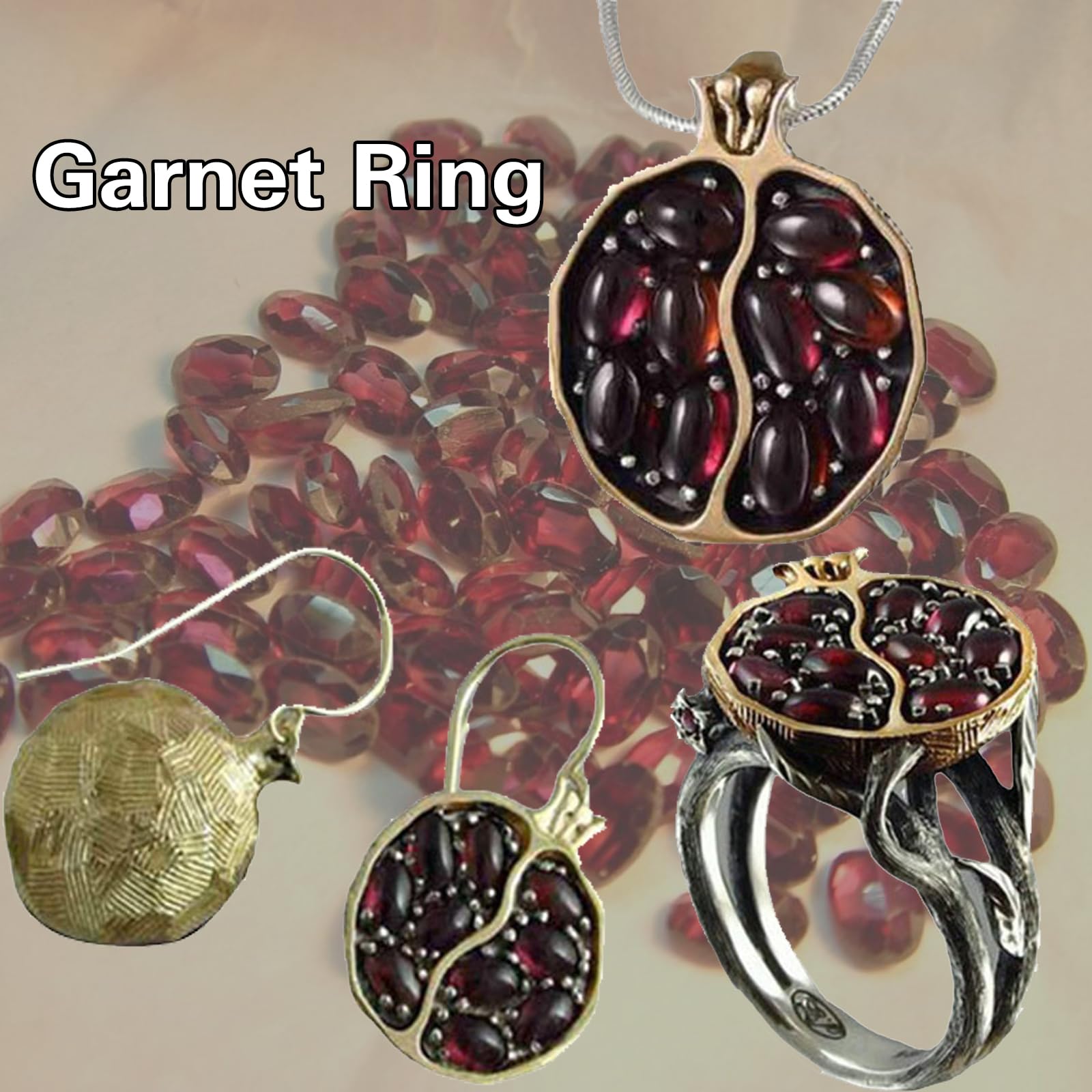 XDHLDULYK Garnet Ring, Tree Vine Black Gold Statement Ring Ruby Engagement Rings for Wife Girlfriend, Pomegranate Shaped Birthstone Ring Silver Ring Jewelry Gift for Women, Handmade Anniversary Ring