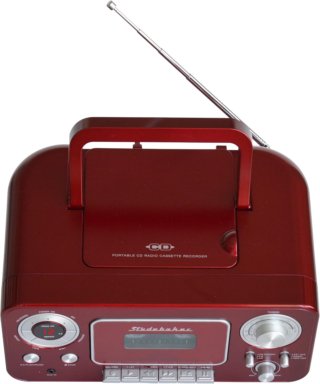Studebaker SB2135RS Portable Stereo CD Player with AM/FM Radio and Cassette Player/Recorder in Red and Silver