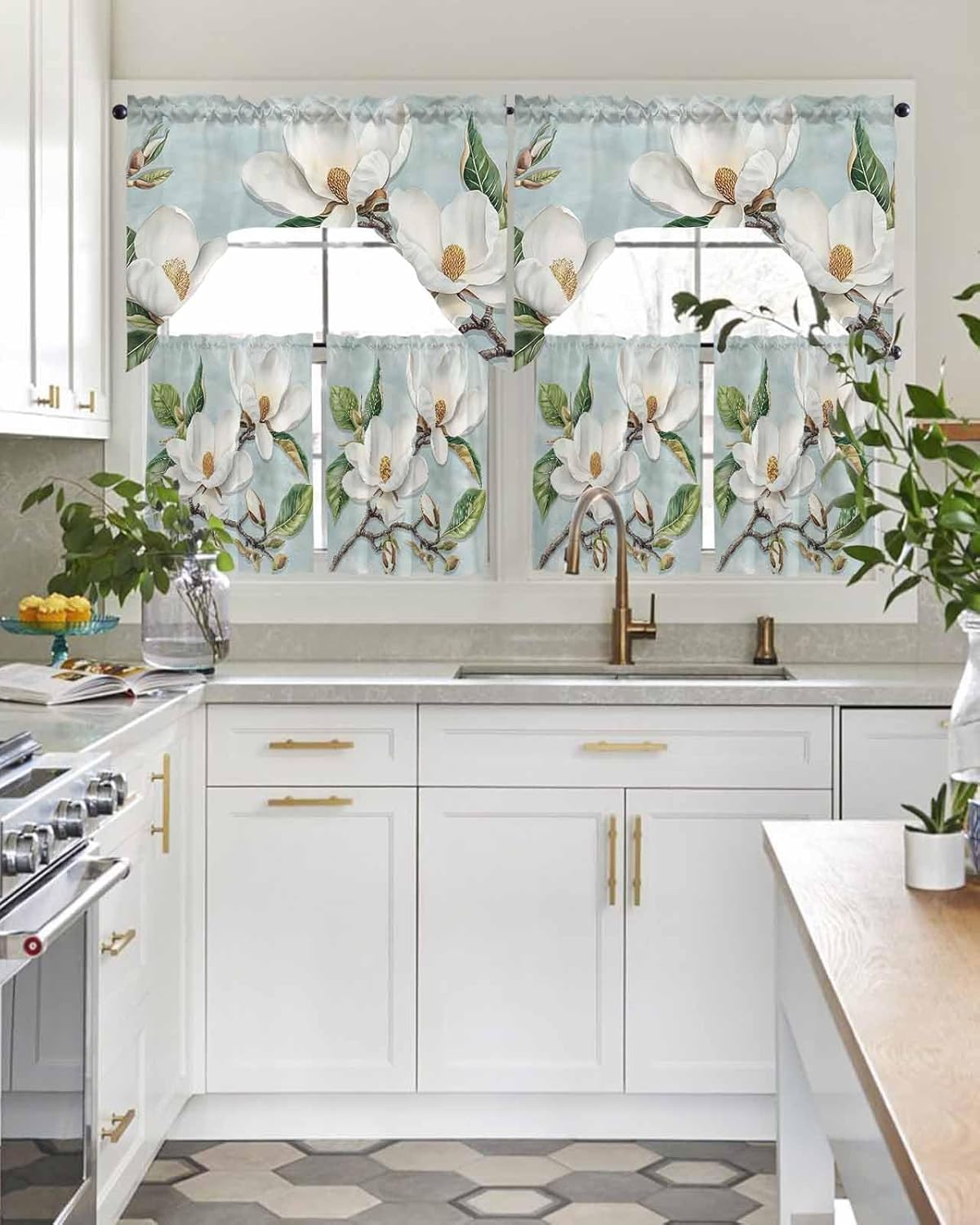 Retro White Flowers Swag Kitchen Curtain Sets with Valance,3 Pieces Rod Pocket Curtain Drapes for Bedroom Bathroom Cafe Windows,Country French Chic Florals Watercolor 56''x36''&24''x27.5''x2Panels