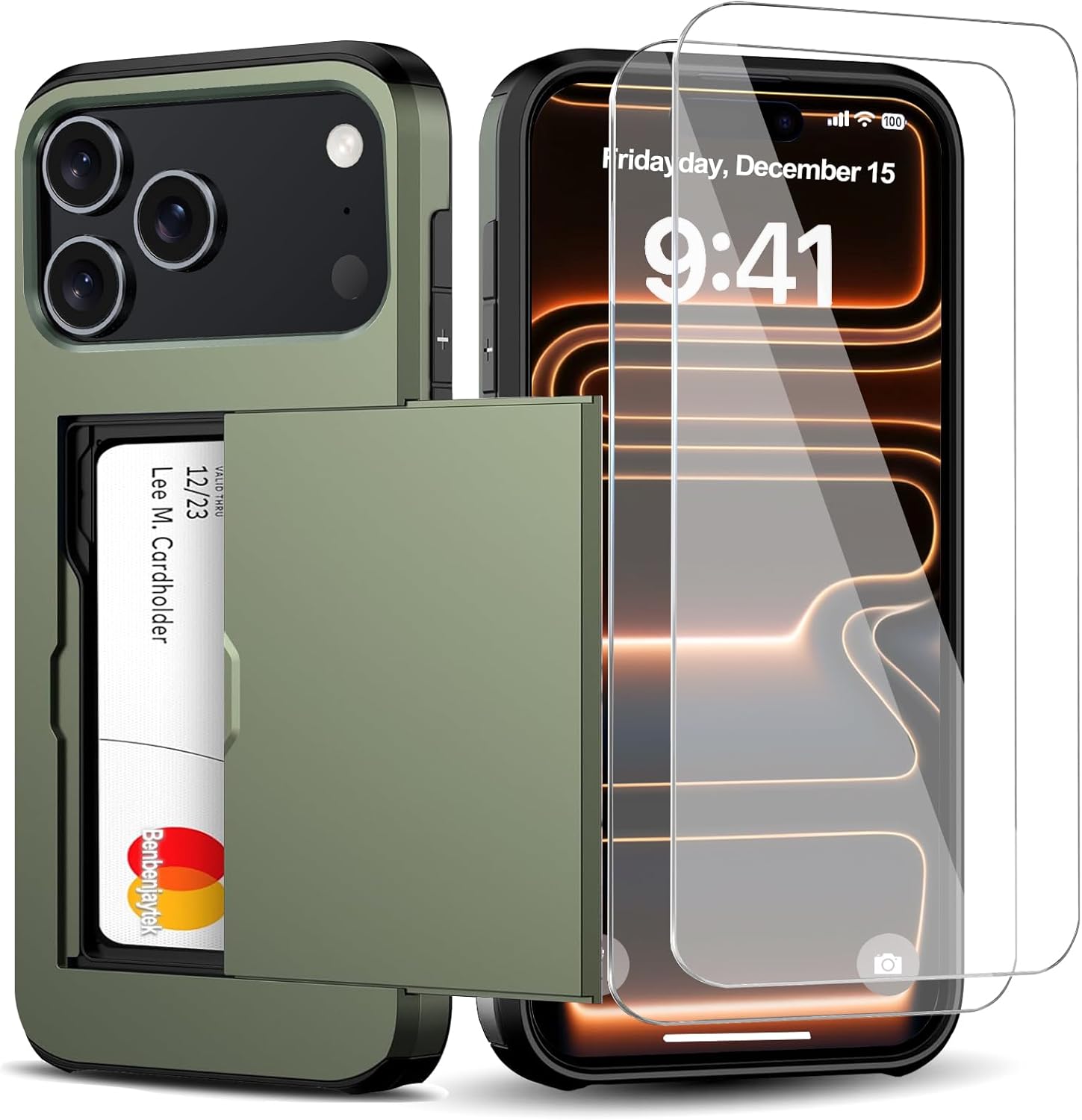 for iPhone 17 Pro Wallet Case with Card Holder + 2 Tempered Glass Screen Protector Protective Shockproof Hidden Card Slot Slim Case Women Men for iPhone 17 Pro 6.3″(Deep Green)