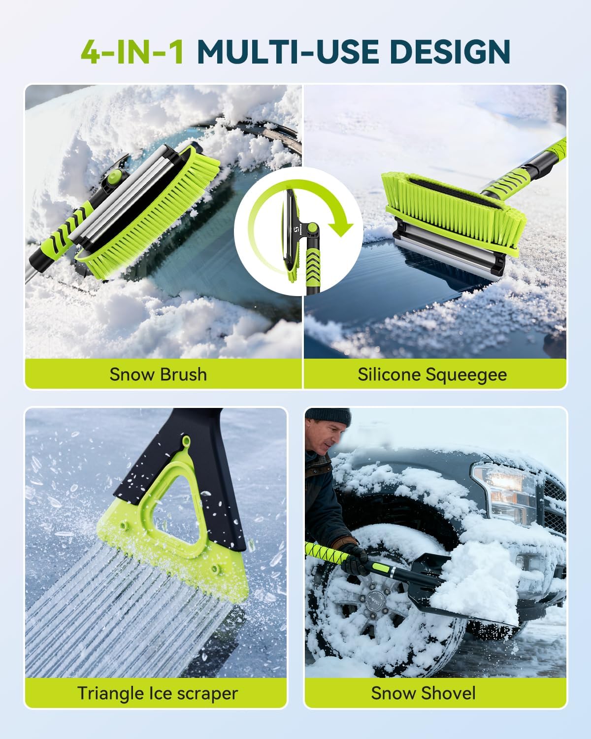 Upgraded 60'' Snow Brush & Snow Shovel with 2 Ice Scrapers, Extendable Snow Brush for Car Windshield with Squeegee, 4-in-1 Detachable Winter Snow Remover for Cars, SUVs, Trucks