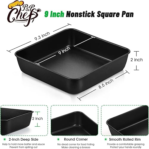 Miniatura 2 de P&P CHEF Sartén cuadrada de 9 pulgadas para hornear lasaña de pastel, bandeja para lasaña de acero inoxidable con revestimiento antiadherente para