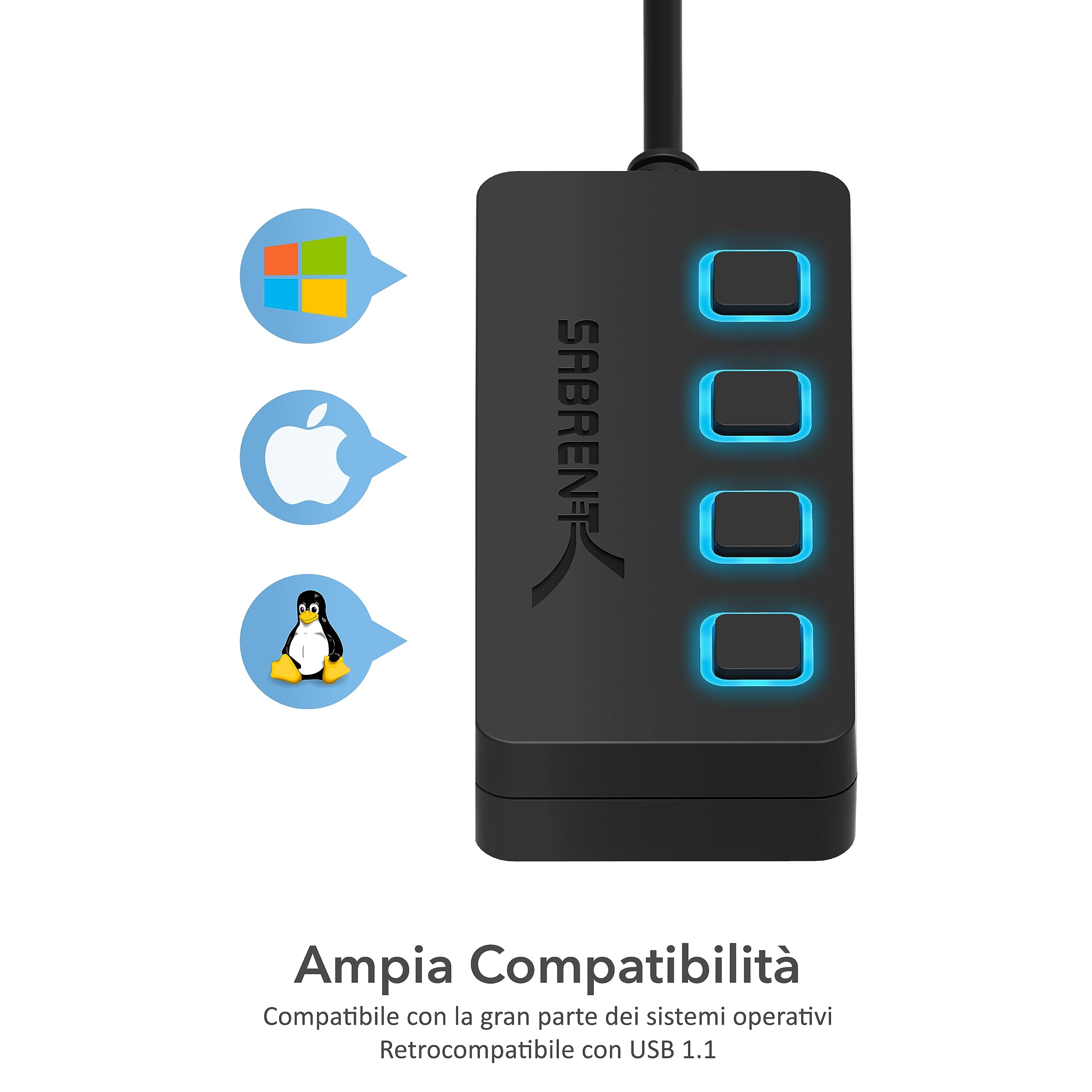 Sabrent Hub USB 2.0 a 4 Porte con Interruttori di Alimentazione singoli e LED (HB-UMLS)
