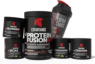 Kit Whey Protein Fusion Chocolate 900g + BCAA em Pó Limão + Creatina + Glutamina + Colágeno em Pó Limão 100g + Coqueteleira - Espartanos