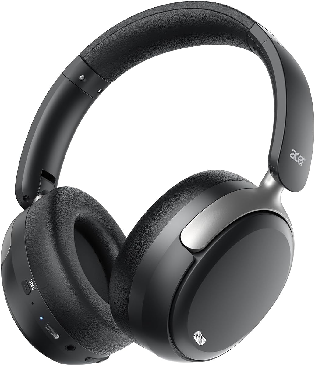 Acer OHR516 Noise Cancelling Headphones - Over Ear, 60H Battery, Black | Memory foam for long wear, 40mm drivers for clear, USB-C fast charge, Light foldable for travel
